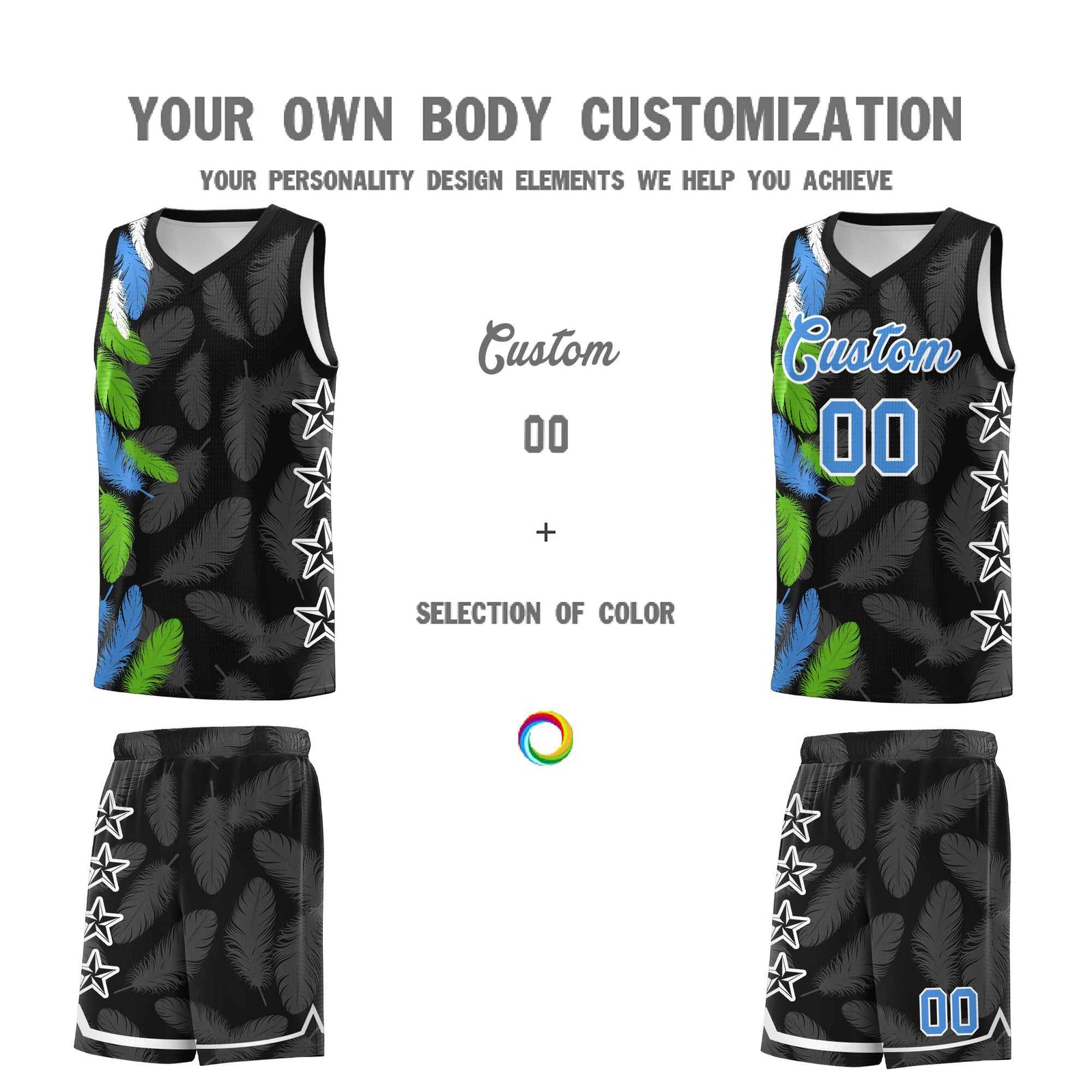 Custom Youth Basketball Jersey Black Powder Blue Feather Series Sports Uniform