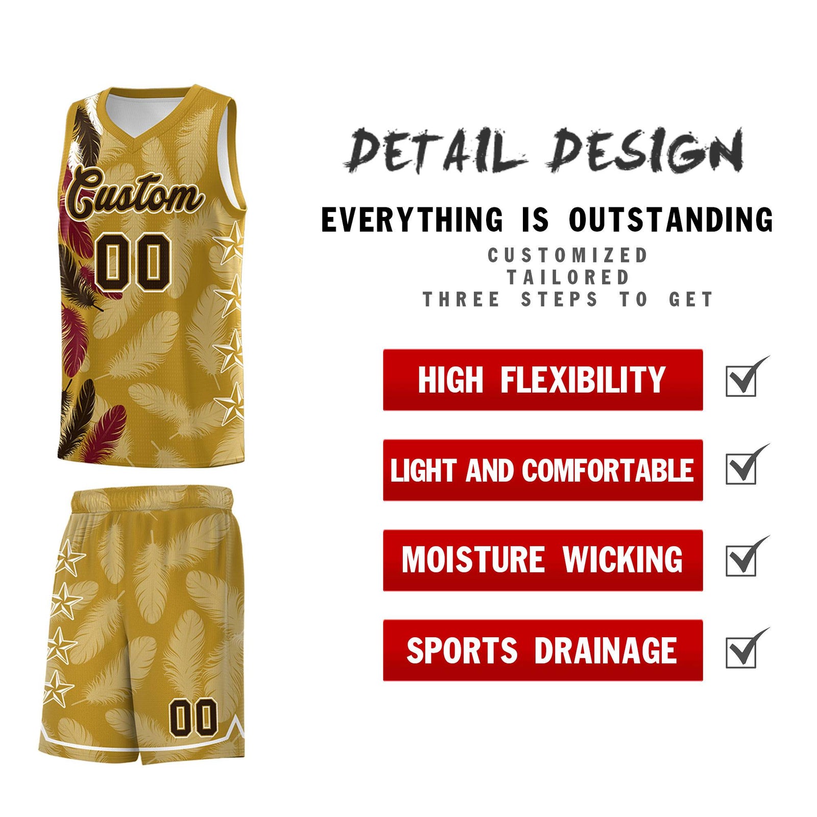 Custom Youth Basketball Jersey Old Gold Brown Feather Series Sports Uniform