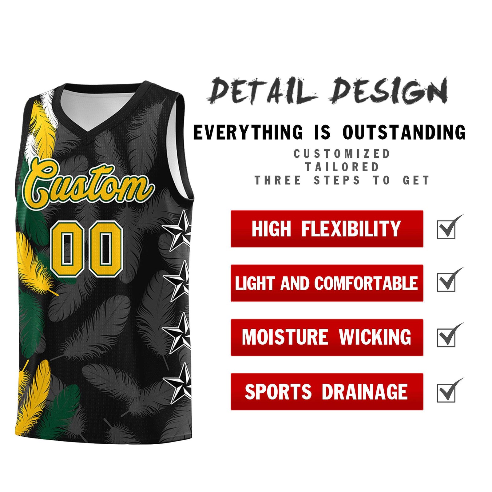 Custom Youth Basketball Jersey Black Gold Feather Series Sports Uniform