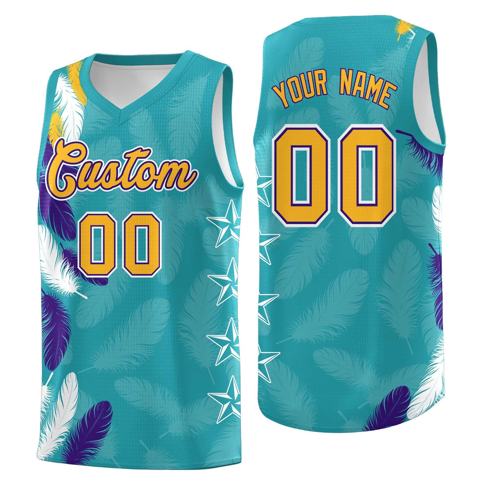 Custom Youth Basketball Jersey Aqua Gold Feather Series Sports Uniform