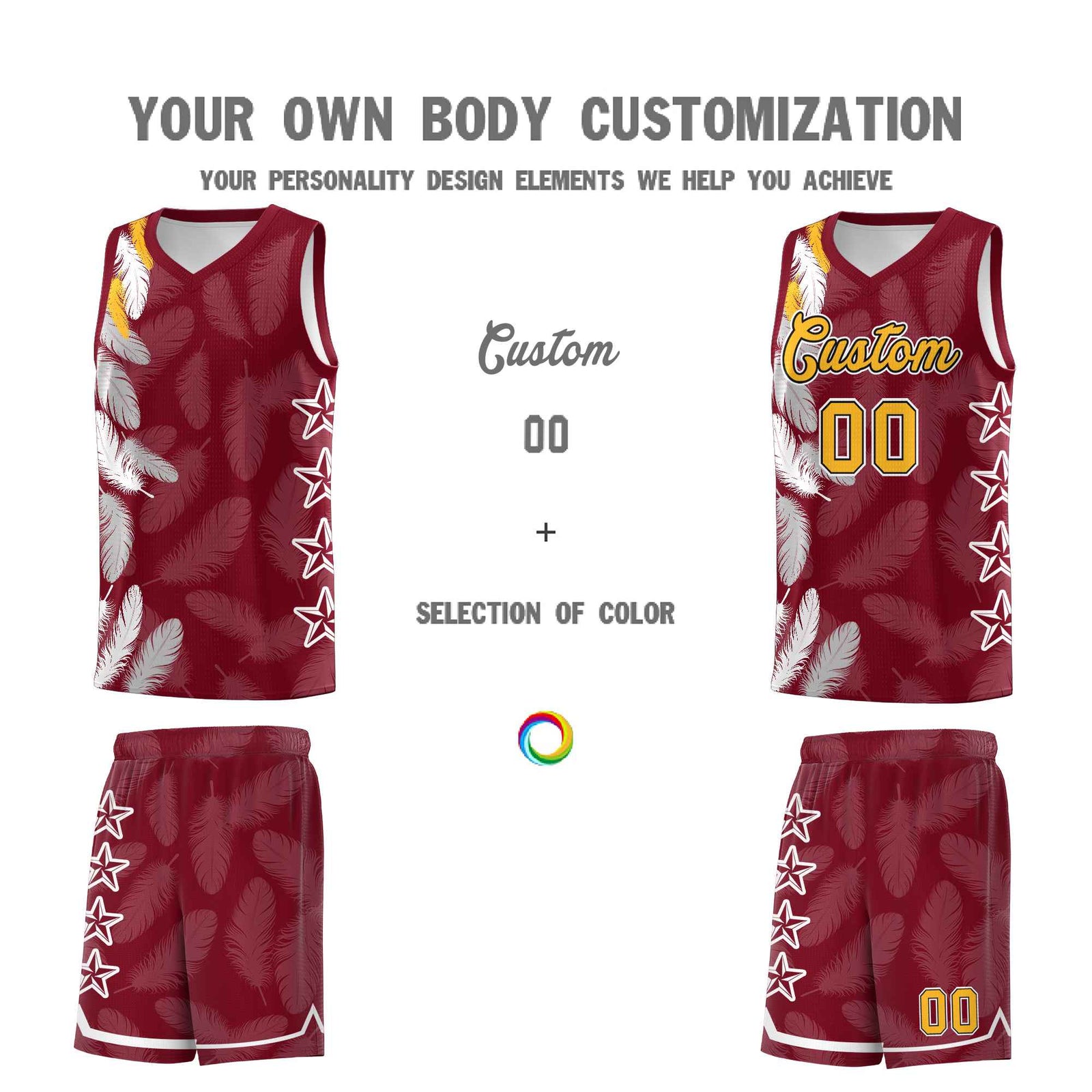 Custom Youth Basketball Jersey Crimson Gold Feather Series Sports Uniform