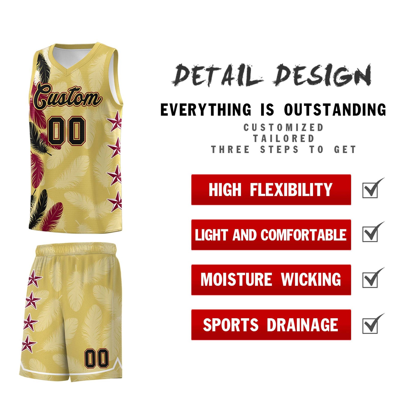 Custom Youth Basketball Jersey Old Gold Black Feather Series Sports Uniform