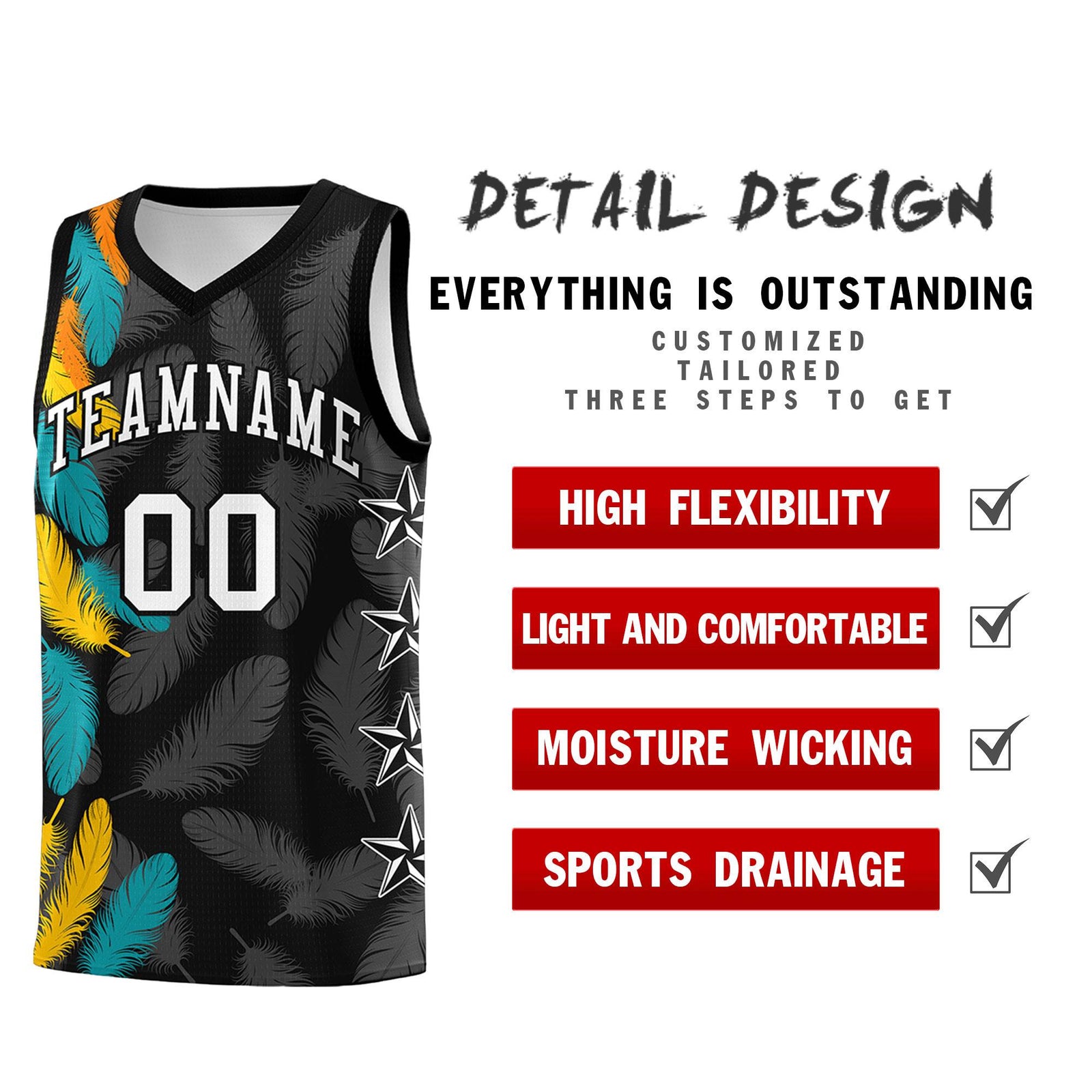 Custom Youth Basketball Jersey Black White Feather Series Sports Uniform