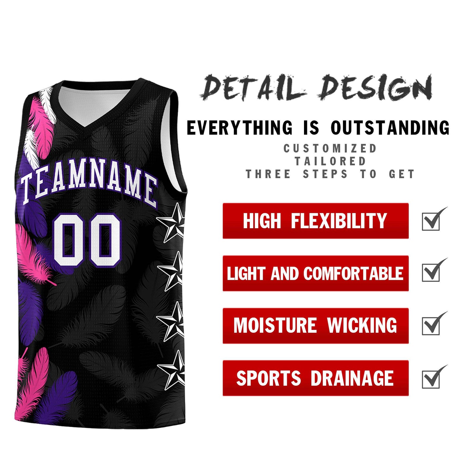 Custom Youth Basketball Jersey Black White Feather Series Sports Uniform