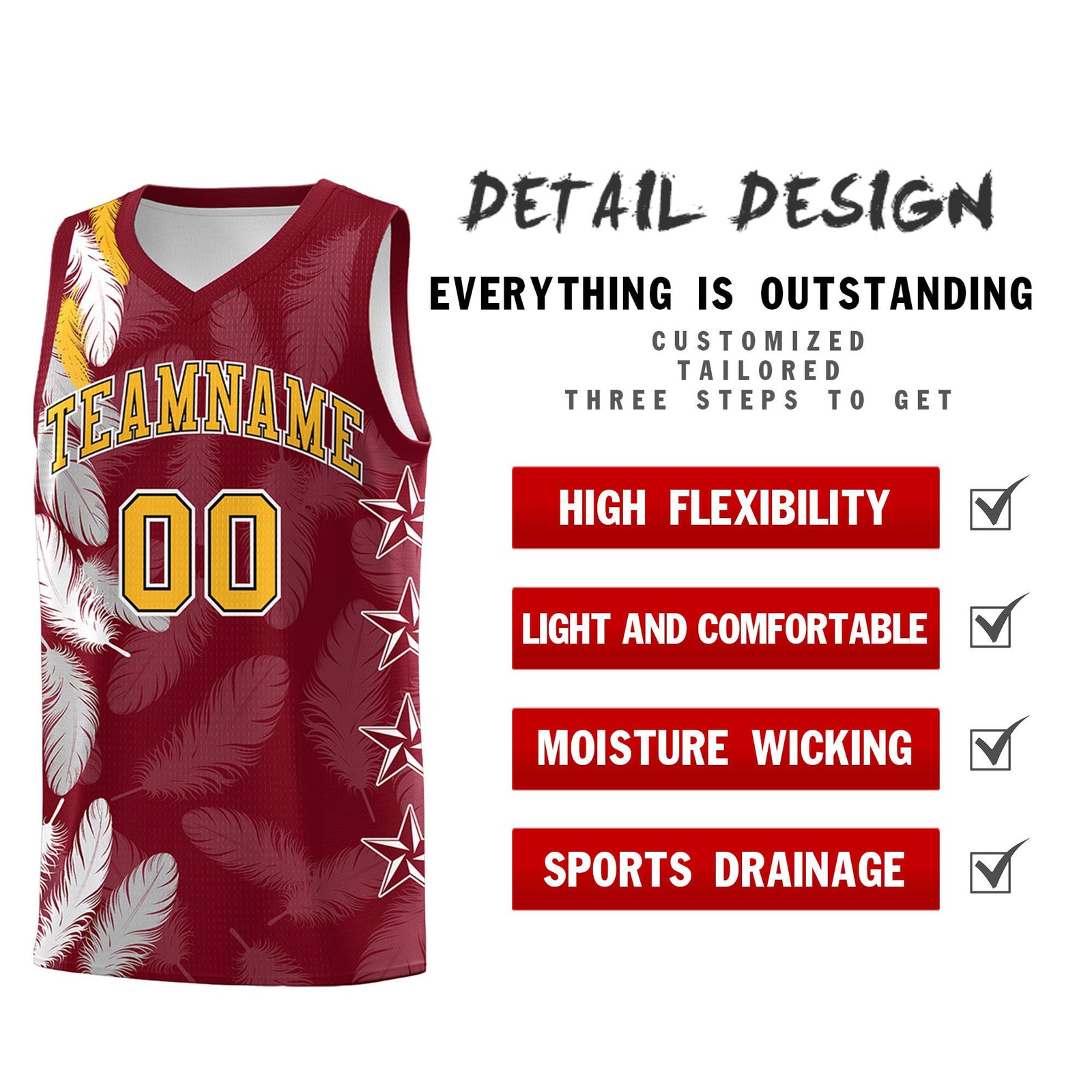 Custom Youth Basketball Jersey Crimson Gold Feather Series Sports Uniform