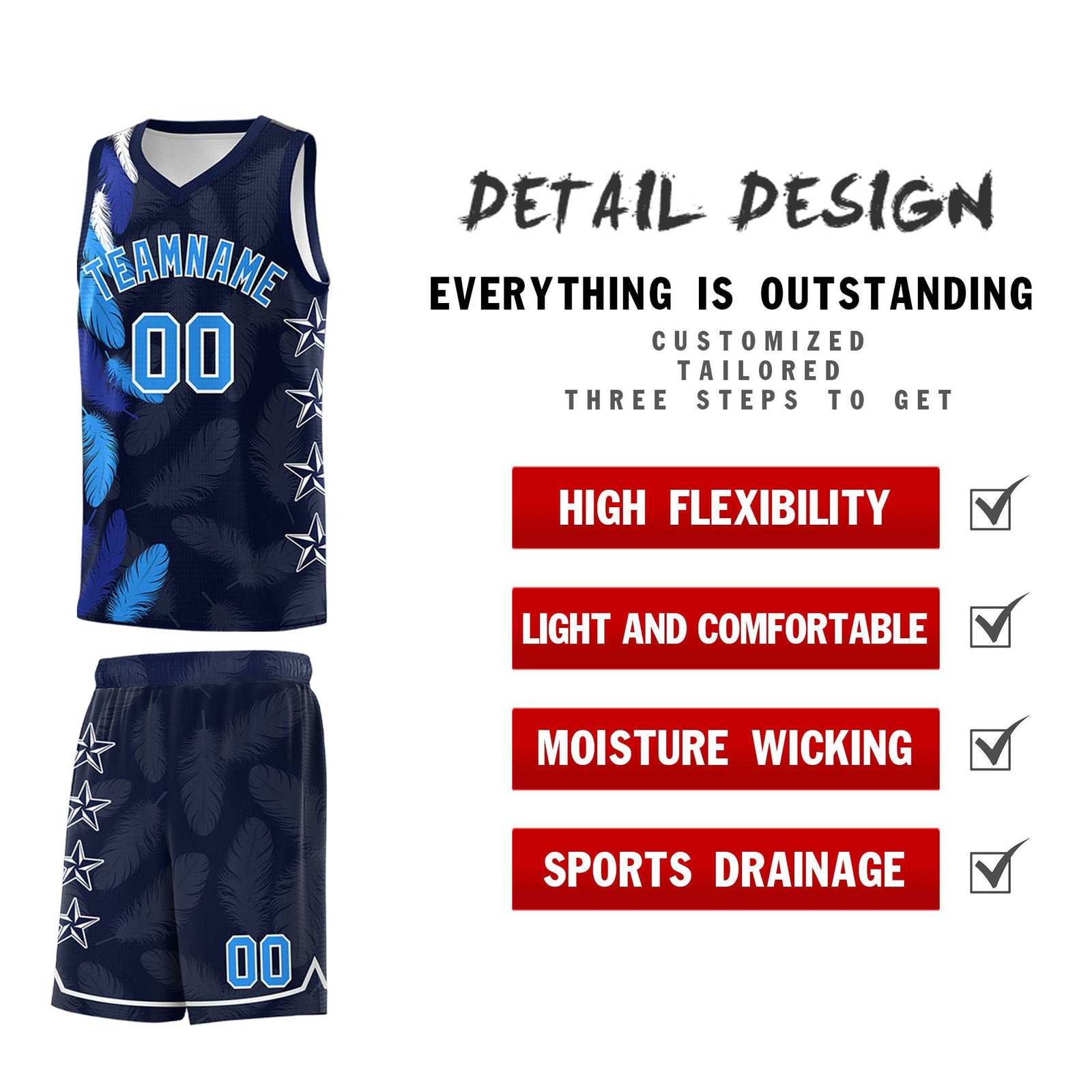 Custom Youth Basketball Jersey Navy Powder Blue Feather Series Sports Uniform