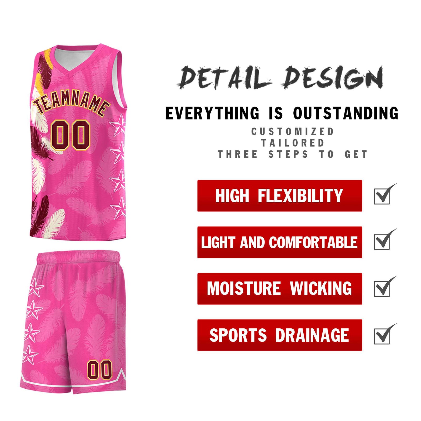Custom Youth Basketball Jersey Pink Crimson Feather Series Sports Uniform