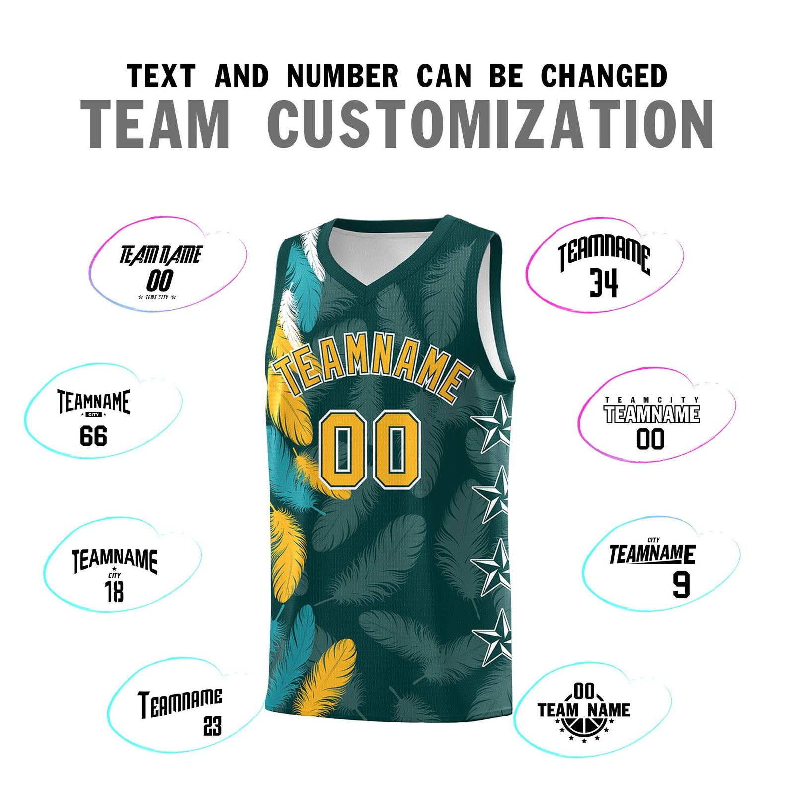 Custom Youth Basketball Jersey Midnight Green Gold Feather Series Sports Uniform
