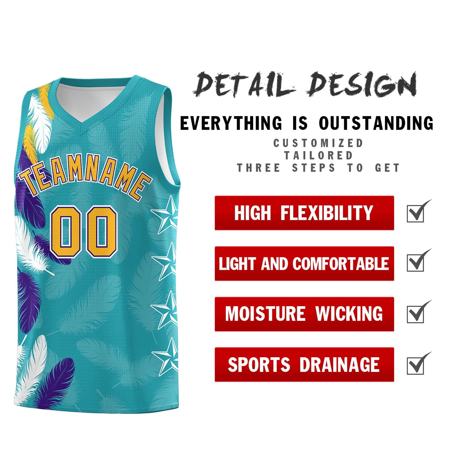 Custom Youth Basketball Jersey Aqua Gold Feather Series Sports Uniform