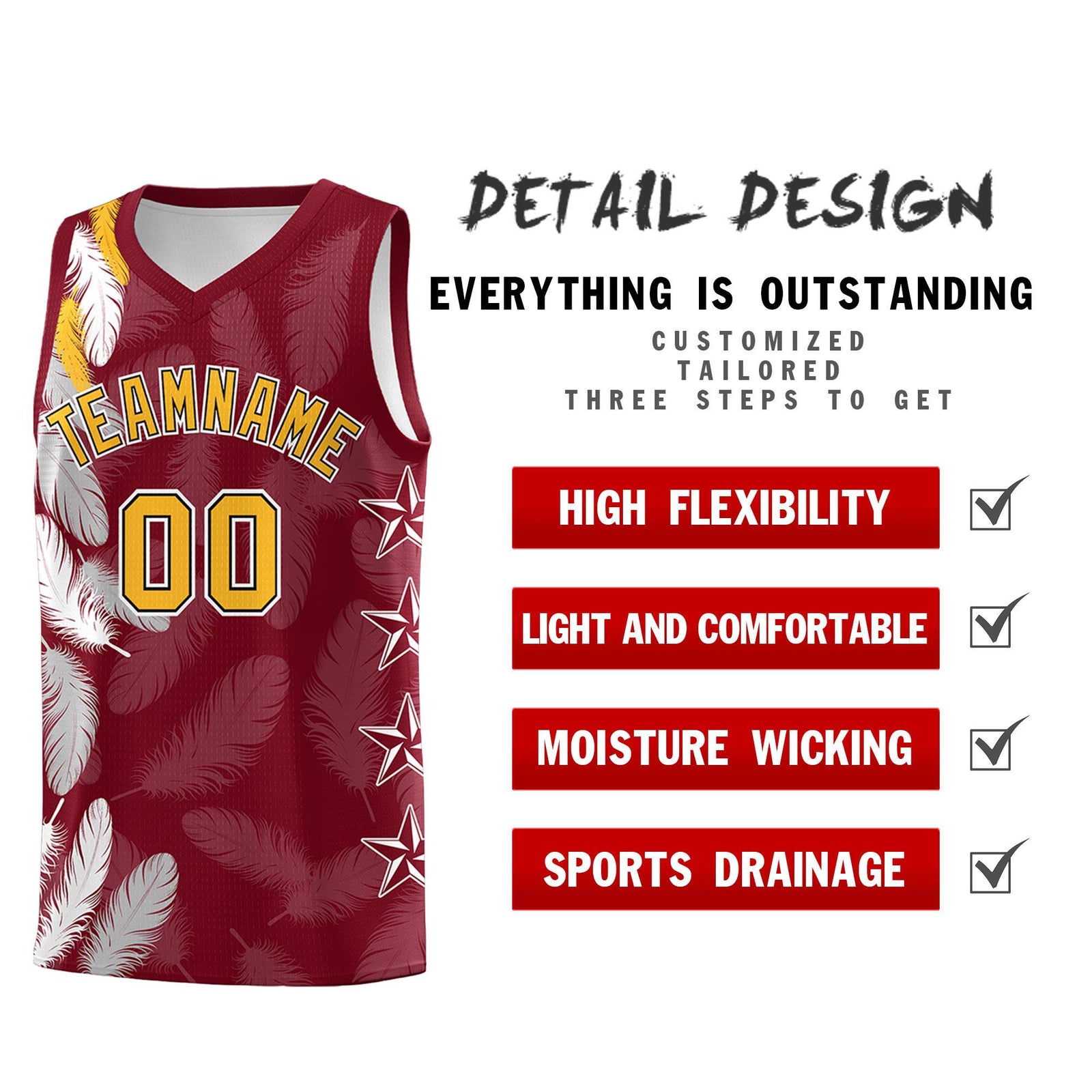 Custom Youth Basketball Jersey Crimson Gold Feather Series Sports Uniform