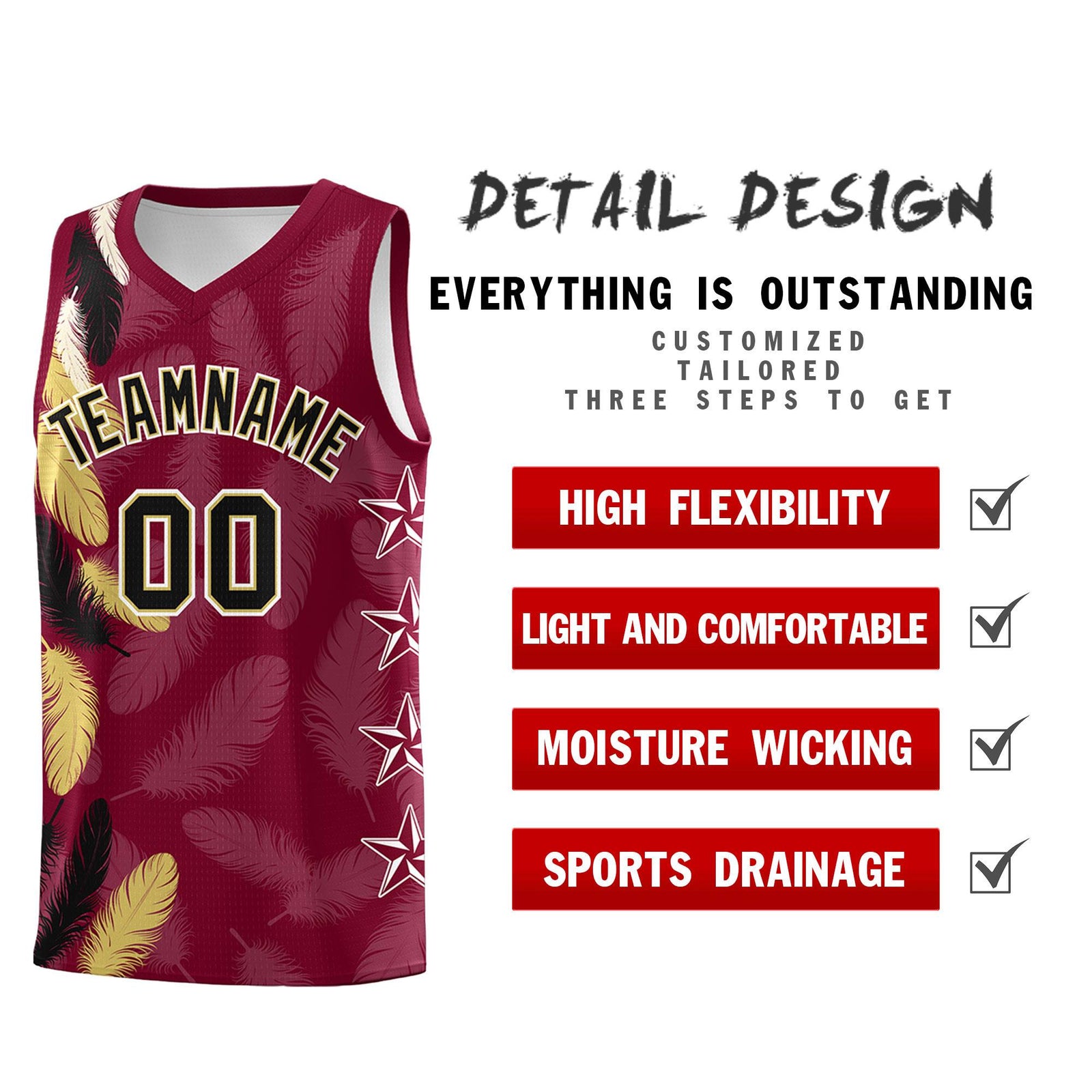 Custom Youth Basketball Jersey Crimson Black Feather Series Sports Uniform