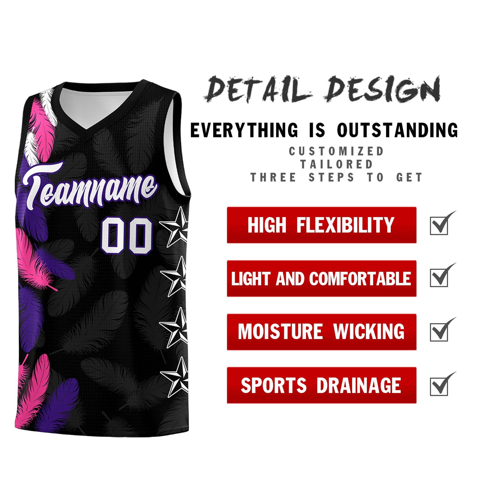 Custom Youth Basketball Jersey Black White Feather Series Sports Uniform