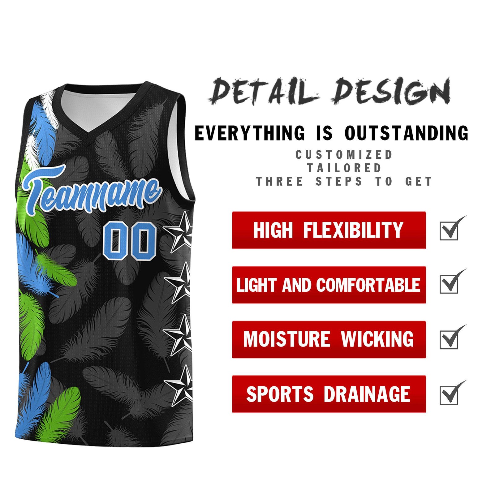 Custom Youth Basketball Jersey Black Powder Blue Feather Series Sports Uniform