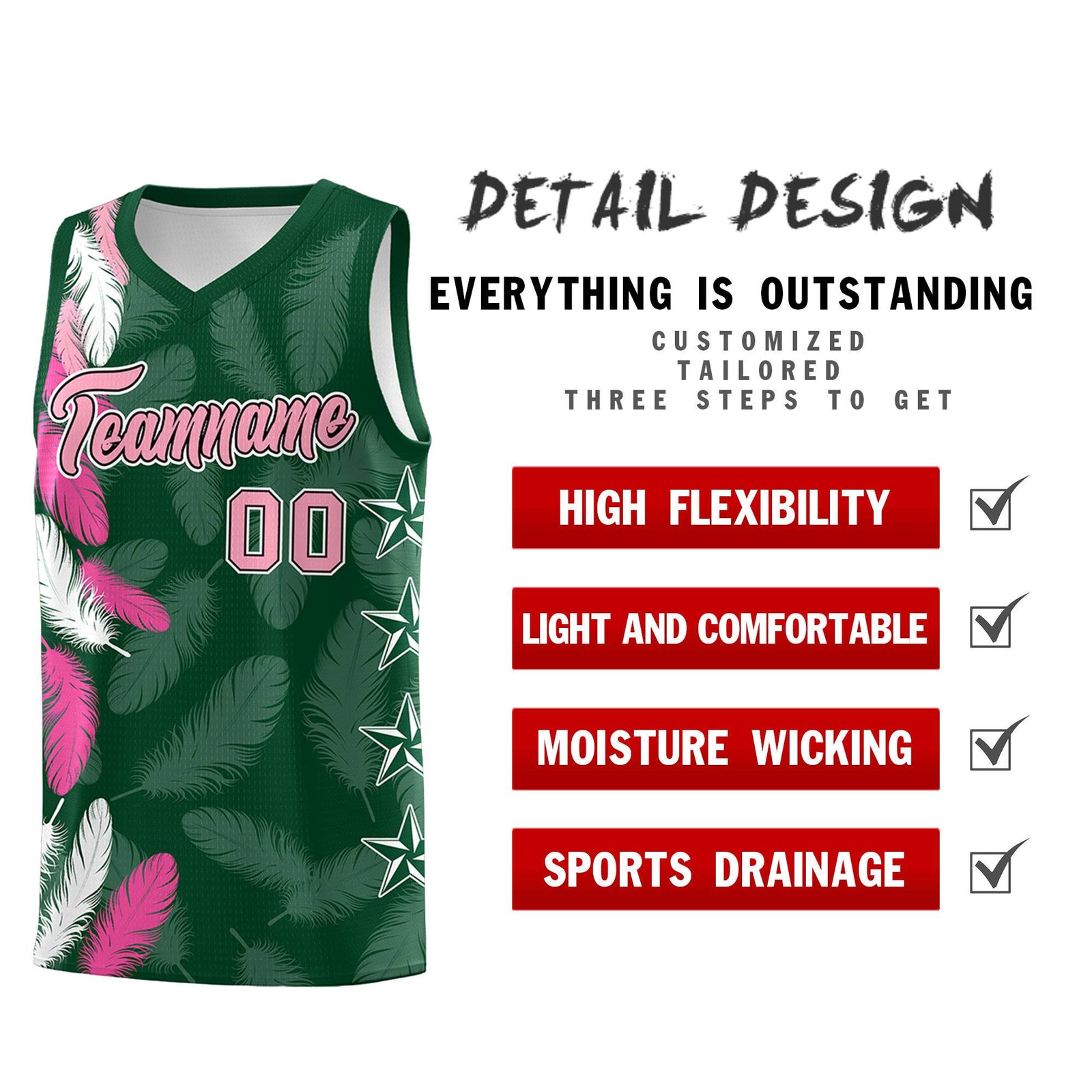 Custom Youth Basketball Jersey Green Light Pink Feather Series Sports Uniform