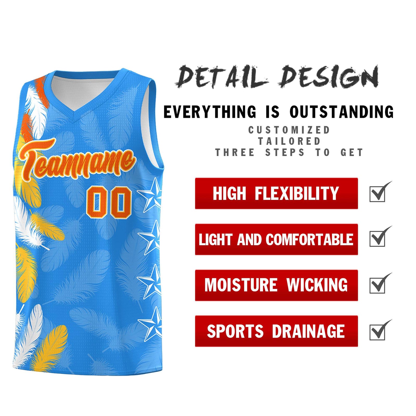 Custom Youth Basketball Jersey Powder Blue Orange Feather Series Sports Uniform