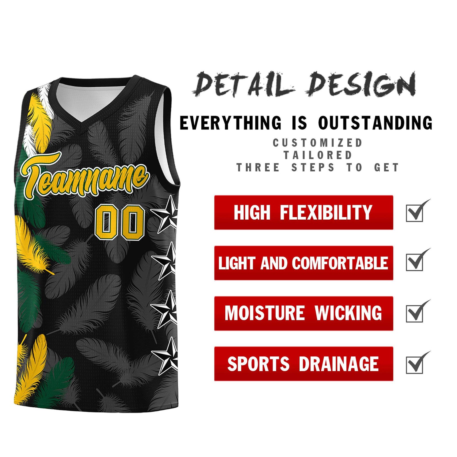 Custom Youth Basketball Jersey Black Gold Feather Series Sports Uniform