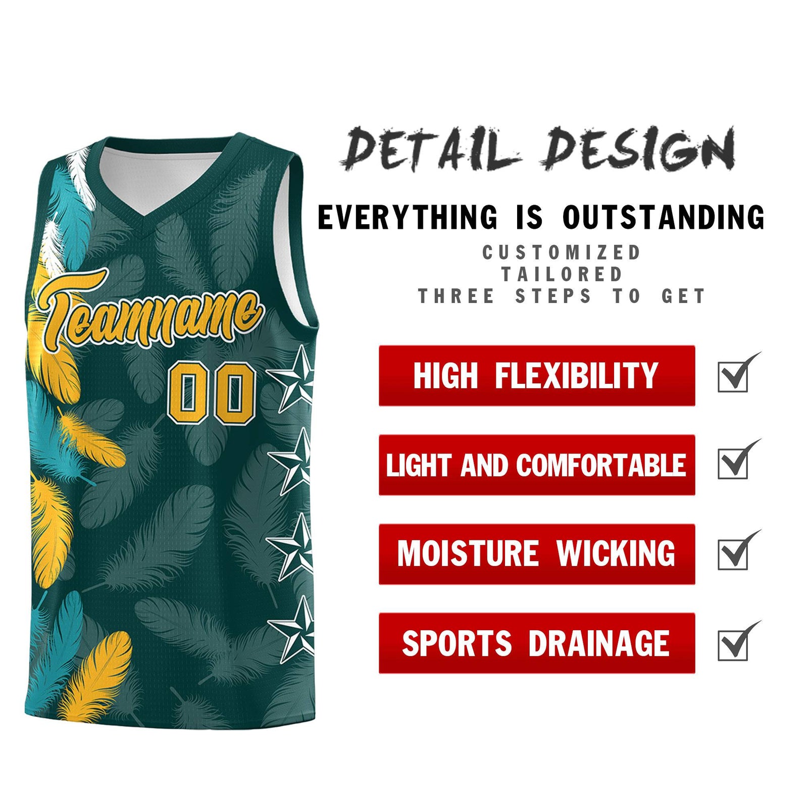 Custom Youth Basketball Jersey Midnight Green Gold Feather Series Sports Uniform