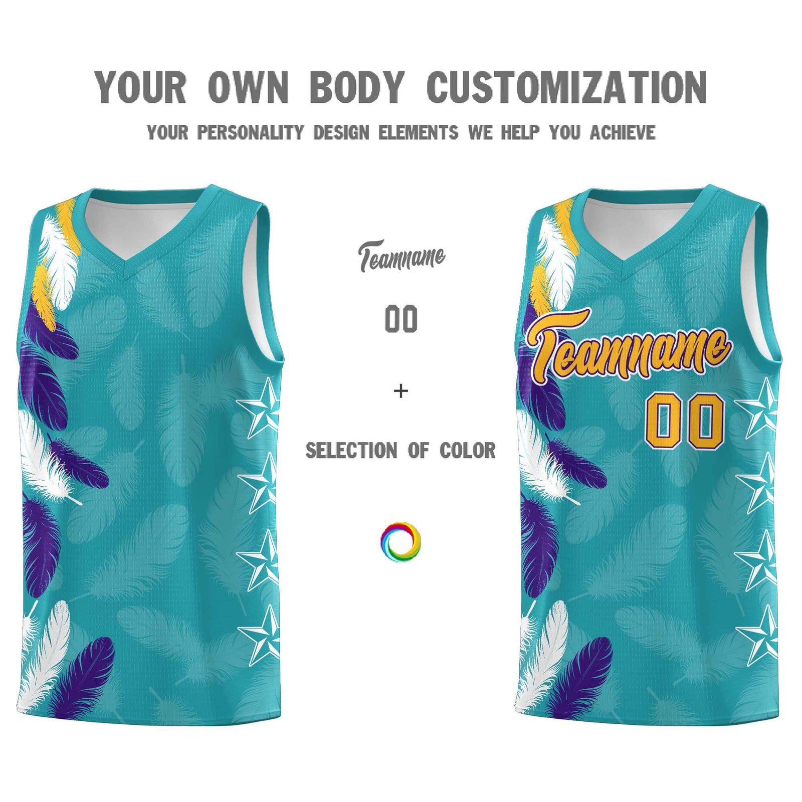 Custom Youth Basketball Jersey Aqua Gold Feather Series Sports Uniform