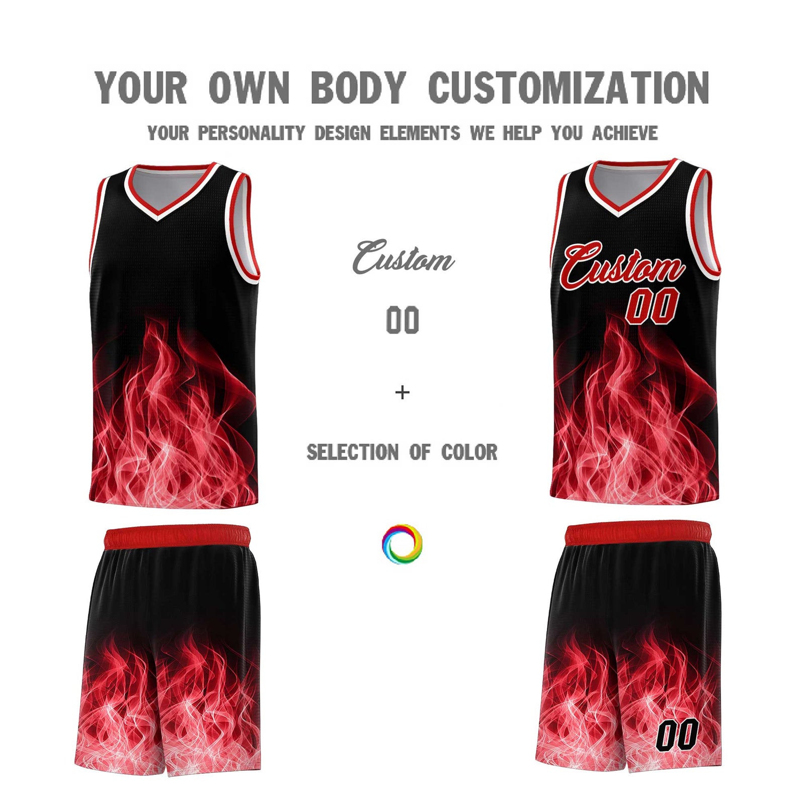 Custom Youth Basketball Jersey Black Red Flame Fire Design Personalized Team Uniform Set