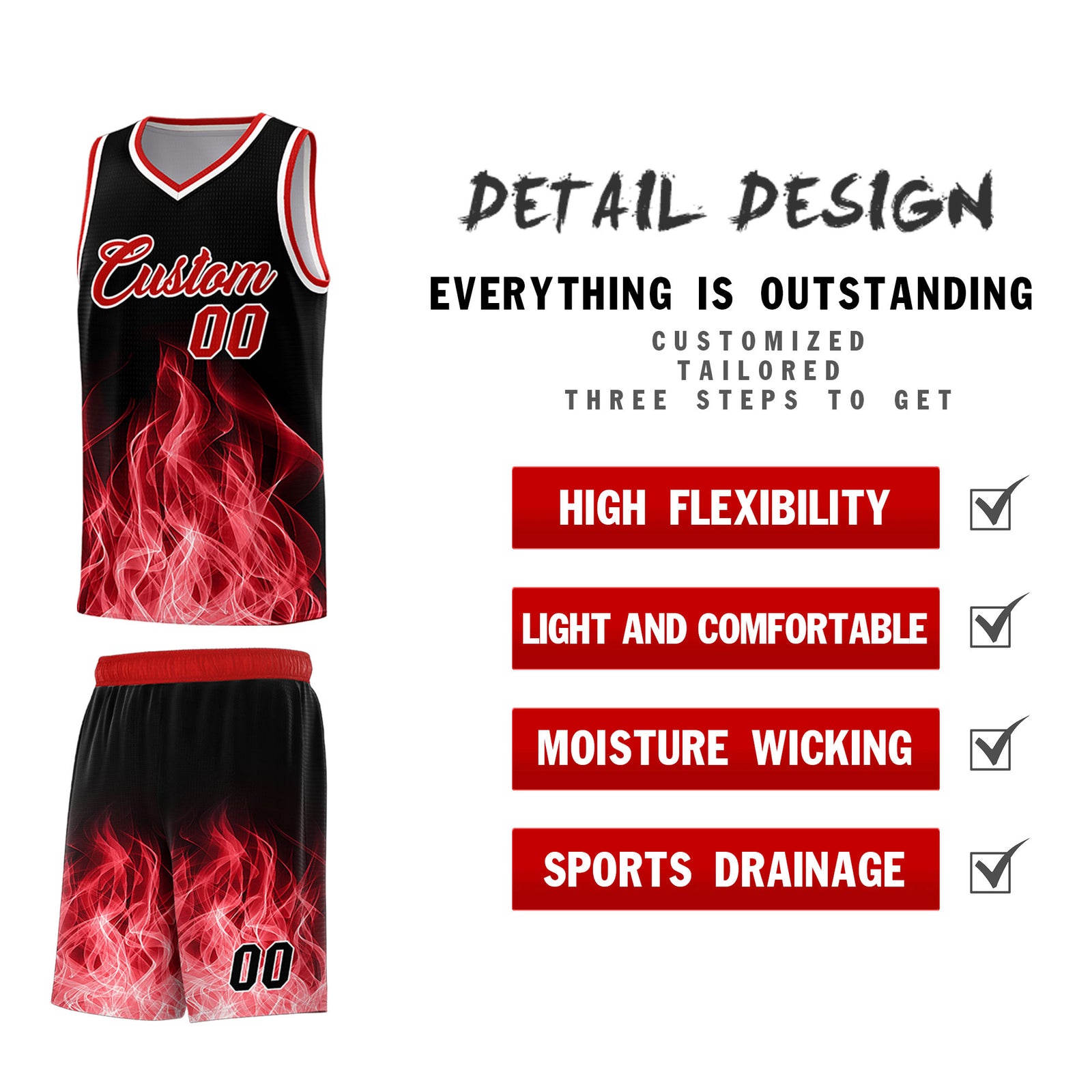 Custom Youth Basketball Jersey Black Red Flame Fire Design Personalized Team Uniform Set