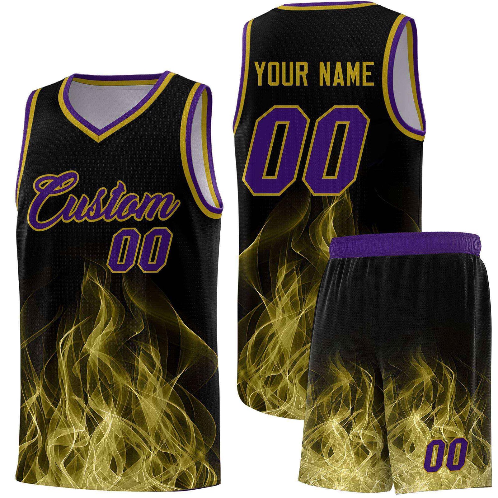 Custom Youth Basketball Jersey Black Purple Flame Design Unique Team Uniform Set