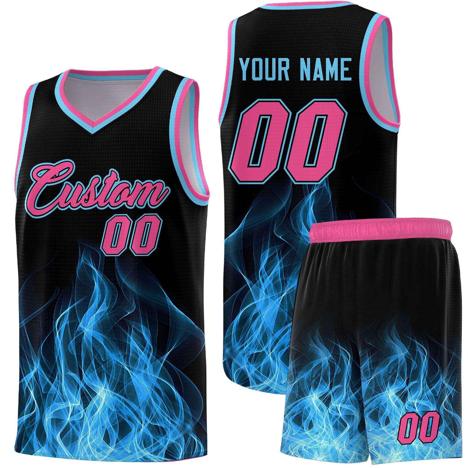 Custom Youth Basketball Jersey Black Pink Flame Design Personalized Team Uniform Set