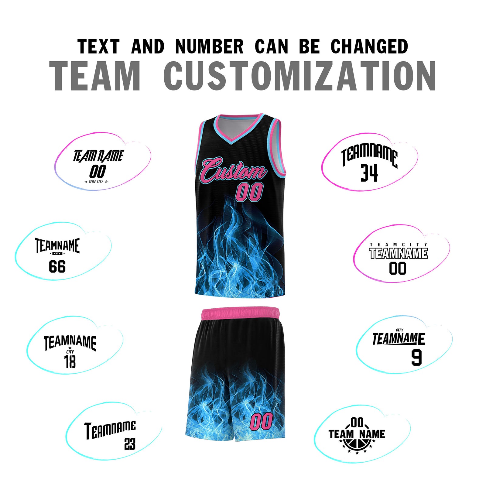 Custom Youth Basketball Jersey Black Pink Flame Design Personalized Team Uniform Set