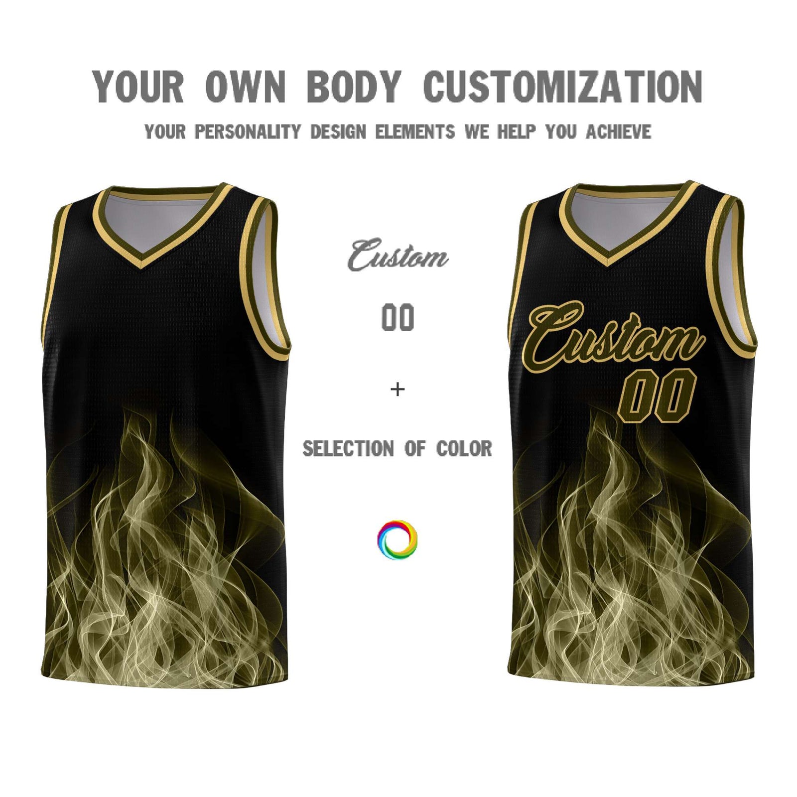 Custom Youth Basketball Jersey Black Khaki Flame Design Personalized Team Uniform Set