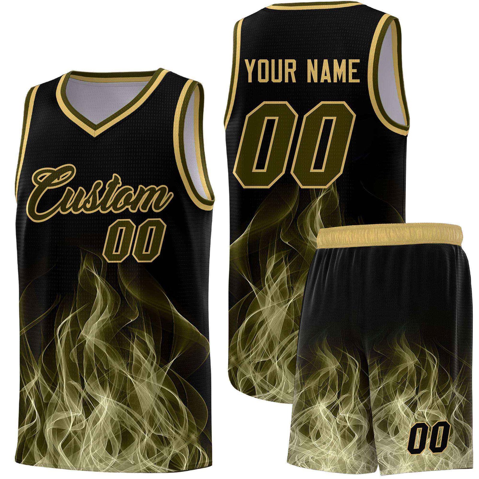 Custom Youth Basketball Jersey Black Khaki Flame Design Personalized Team Uniform Set