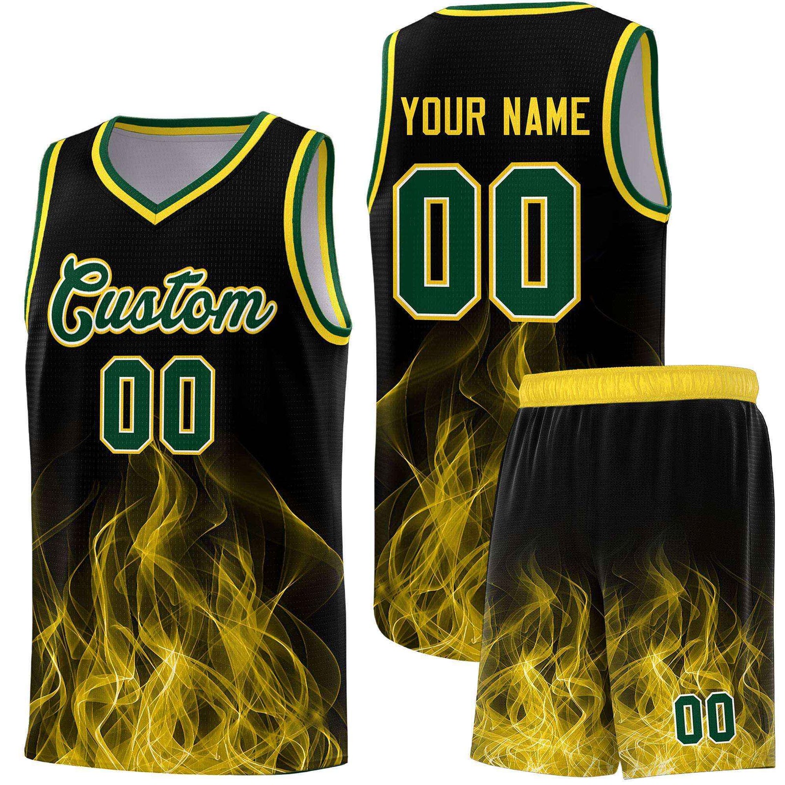 Custom Youth Basketball Jersey Black Gold Flame Design Personalized Team Uniform Set