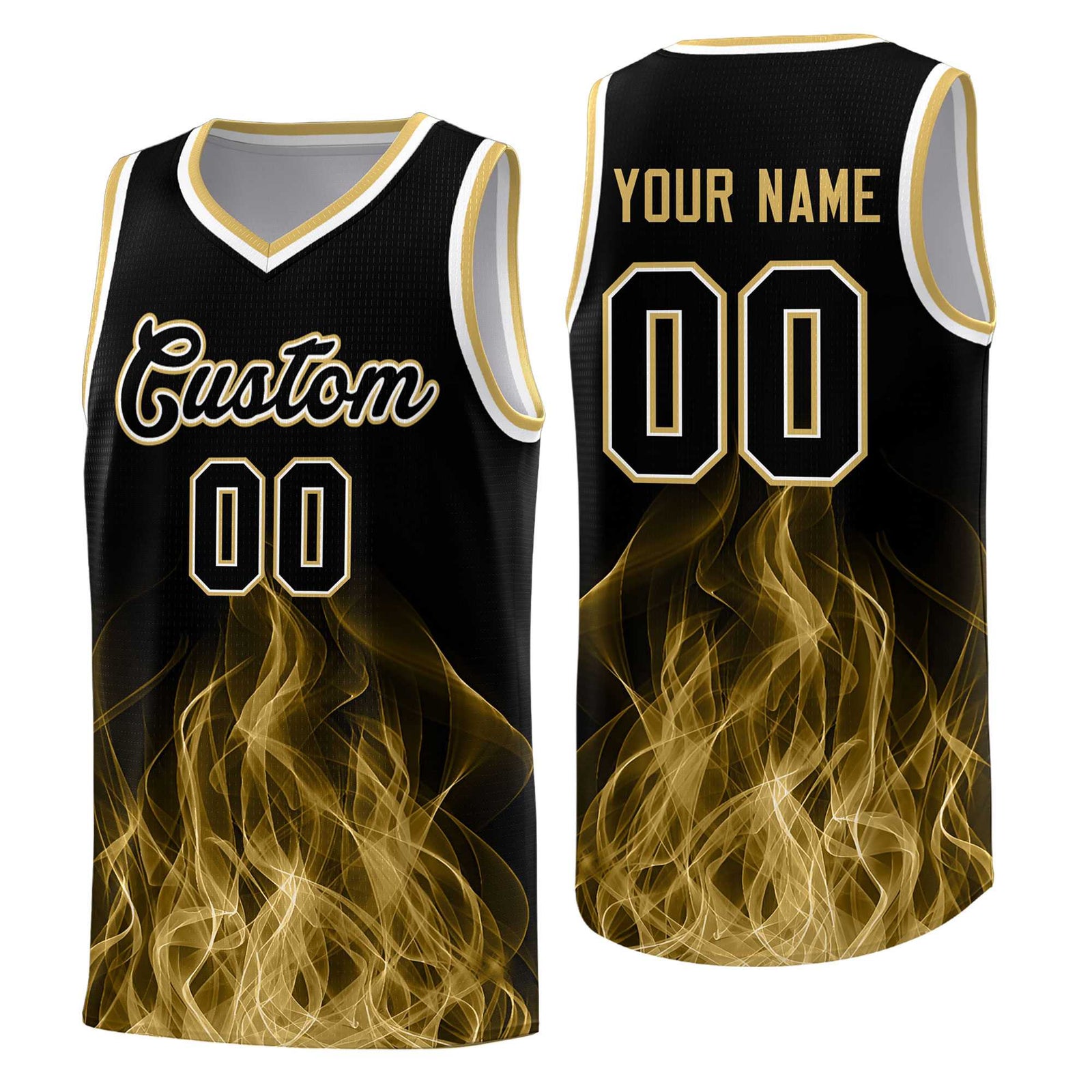 Custom Youth Basketball Jersey Black Old Gold Flame Fire Design Personalized Team Uniform Set