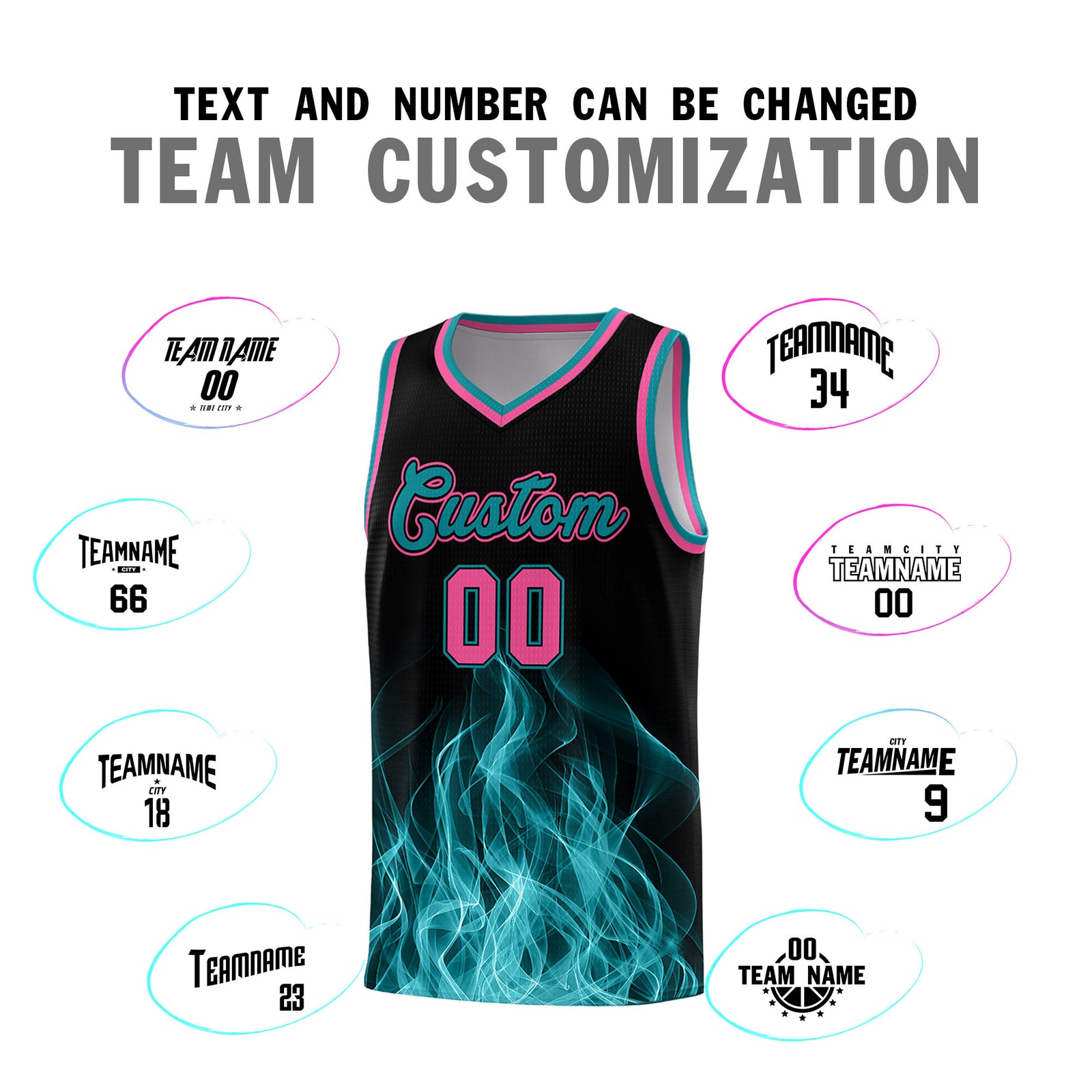 Custom Youth Basketball Jersey Black Teal Flame Fire Design Personalized Team Uniform Set