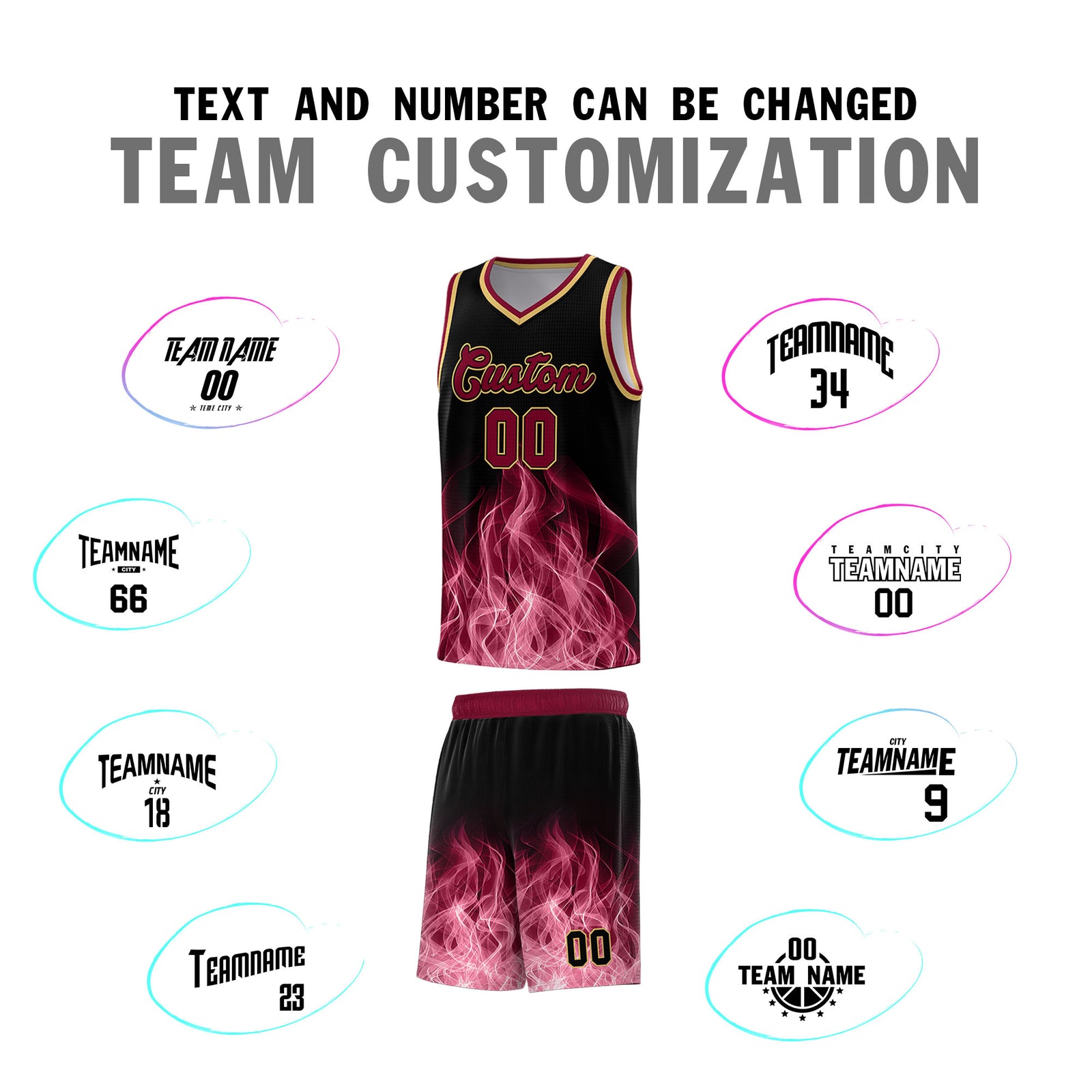 Custom Youth Basketball Jersey Black Crimson Flame Design Unique Team Uniform Set