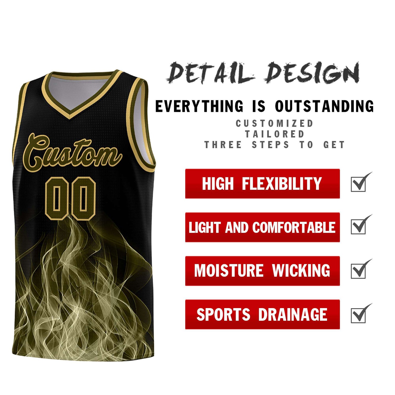 Custom Youth Basketball Jersey Black Khaki Flame Design Personalized Team Uniform Set