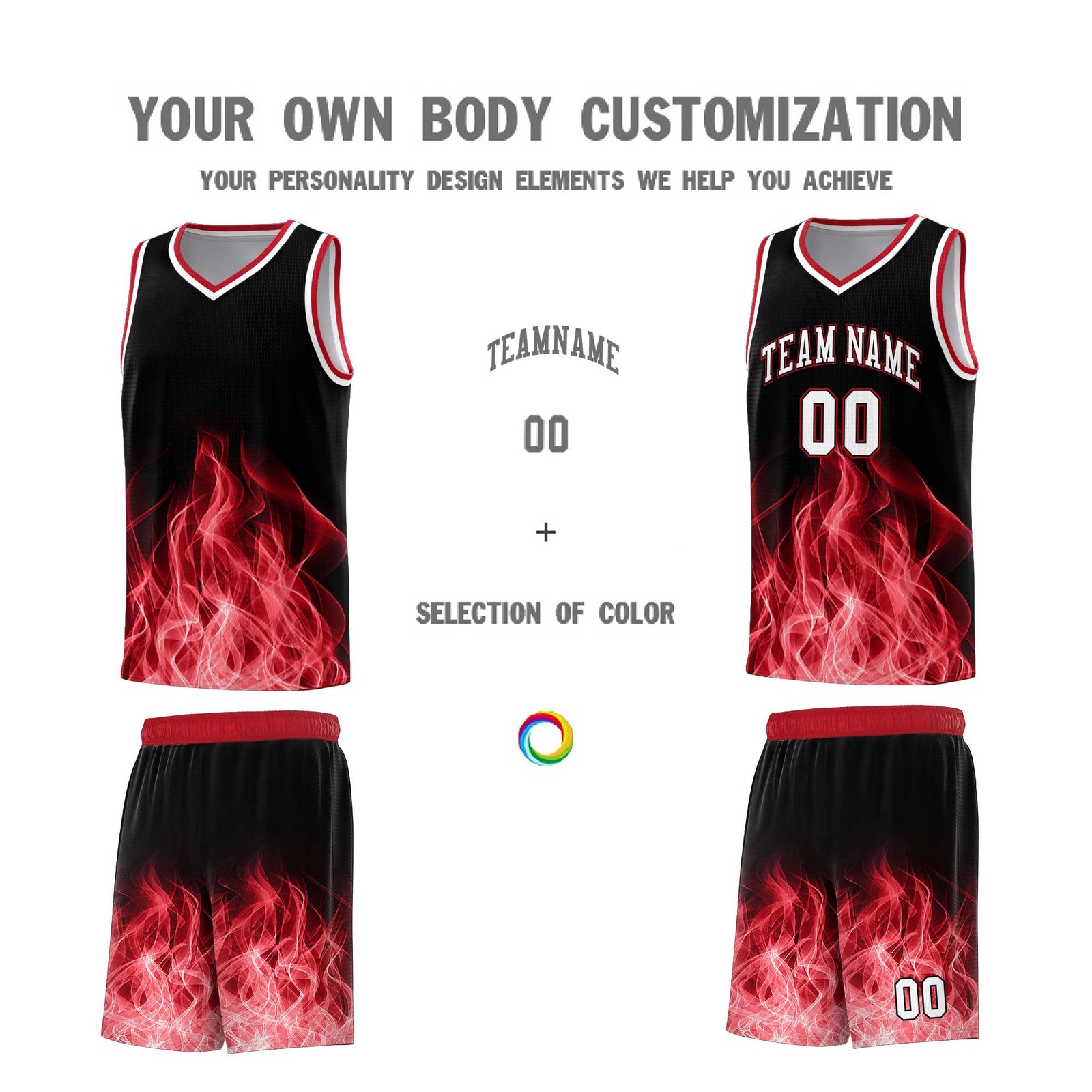 Custom Youth Basketball Jersey Black Red Flame Design Personalized Team Uniform Set
