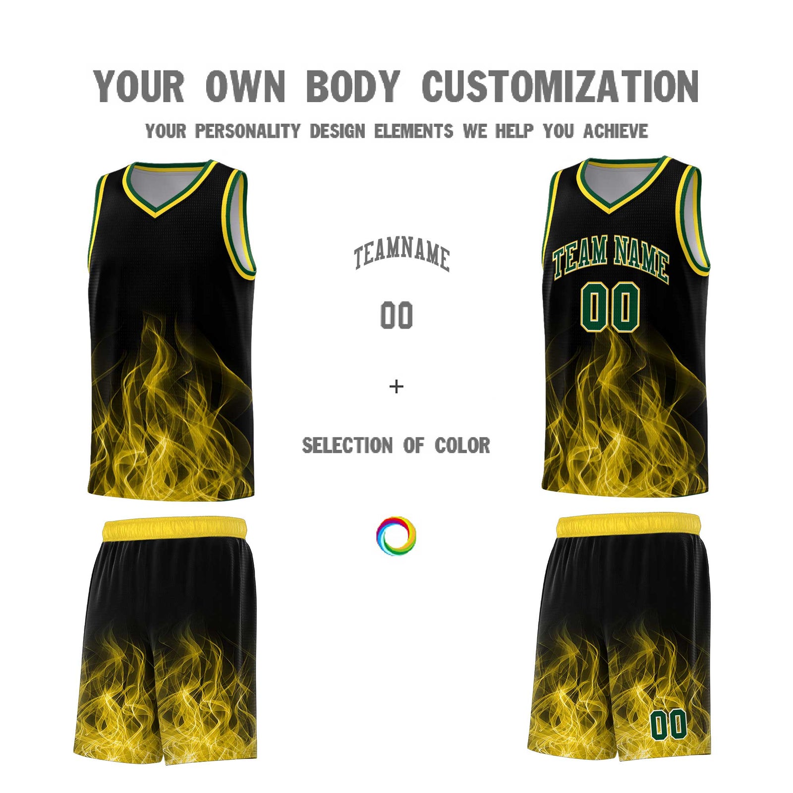 Custom Youth Basketball Jersey Black Gold Flame Design Personalized Team Uniform Set