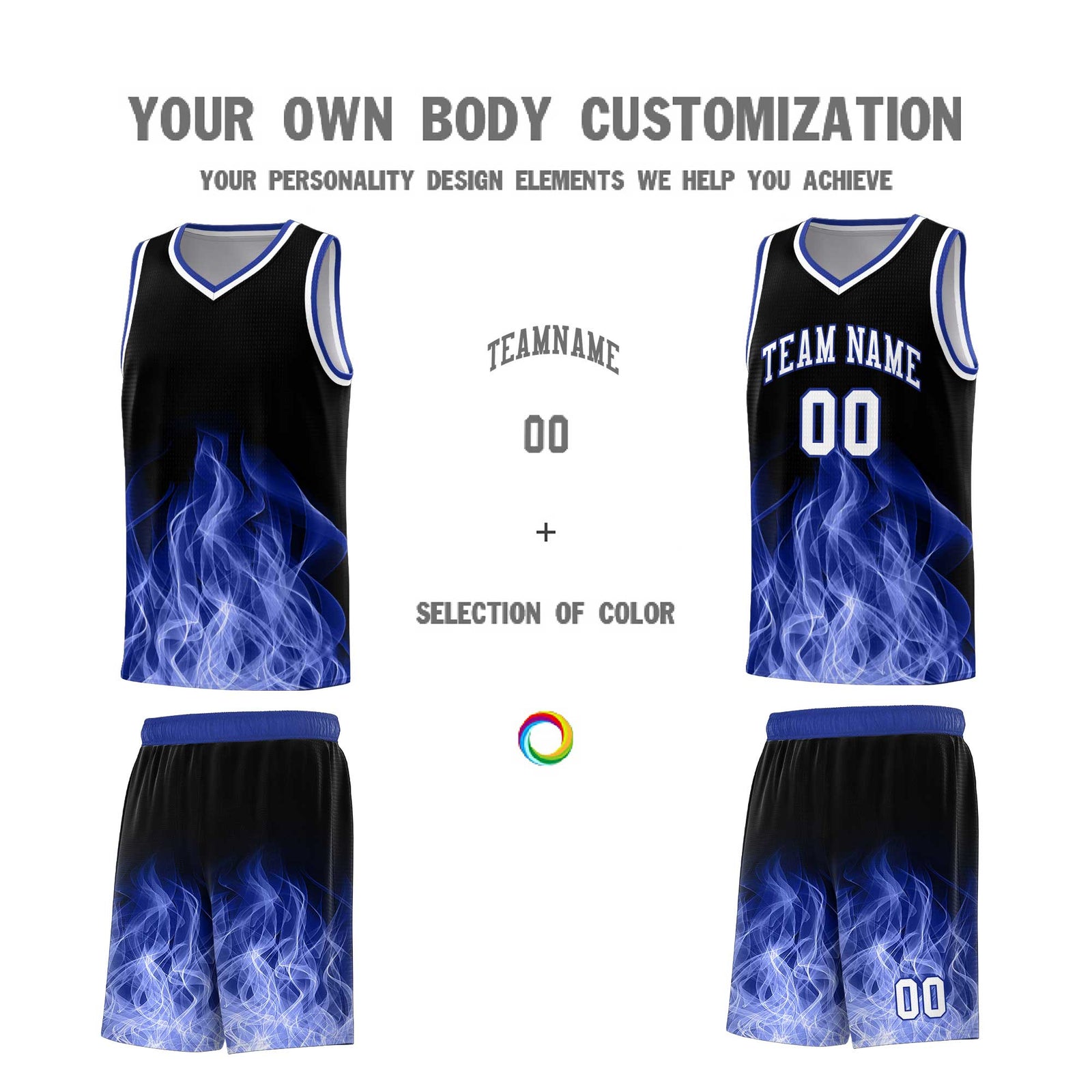 Custom Youth Basketball Jersey Black Royal Flame Design Personalized Team Uniform Set