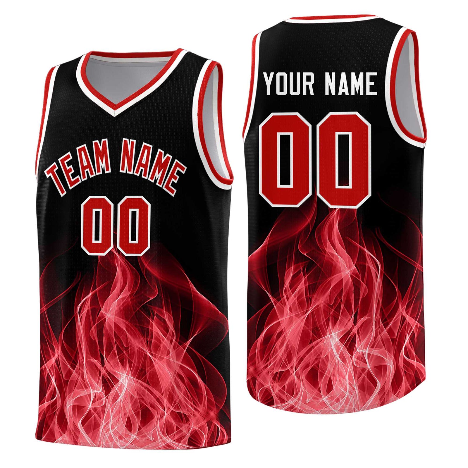 Custom Youth Basketball Jersey Black Red Flame Fire Design Personalized Team Uniform Set