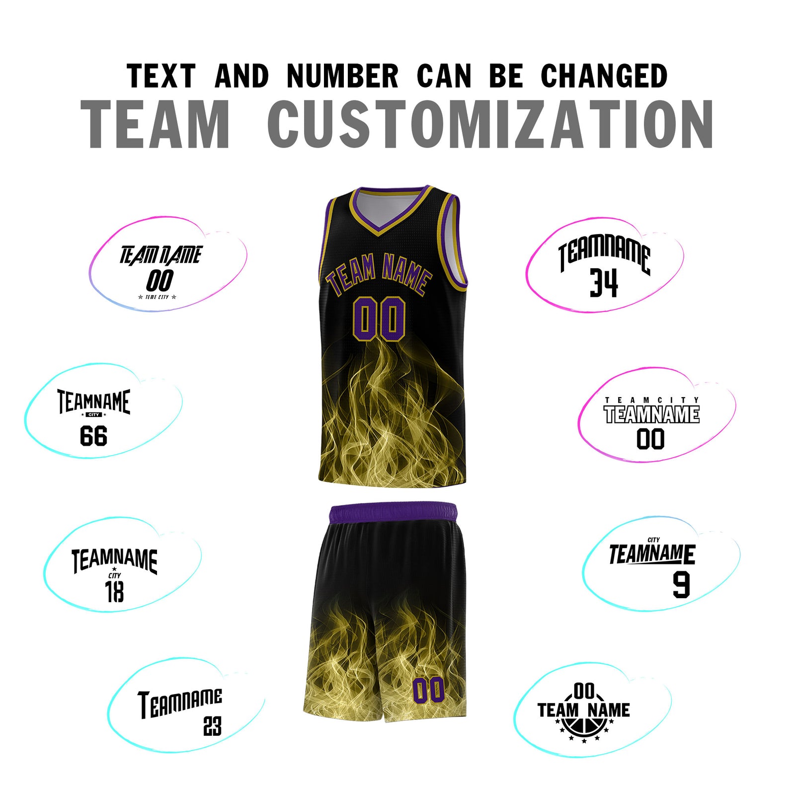 Custom Youth Basketball Jersey Black Purple Flame Design Unique Team Uniform Set