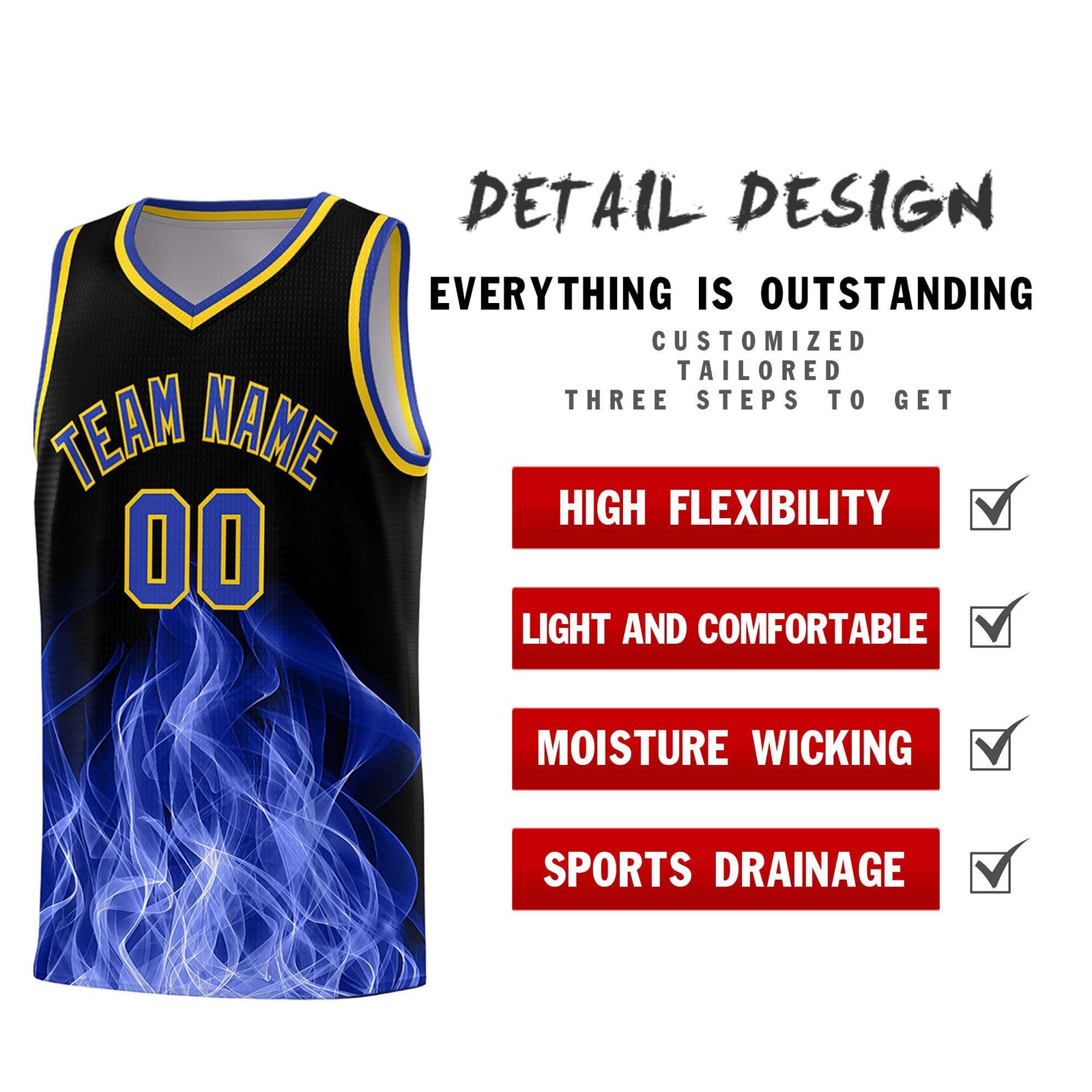 Custom Youth Basketball Jersey Black Gold Flame Fire Design Personalized Team Uniform Set