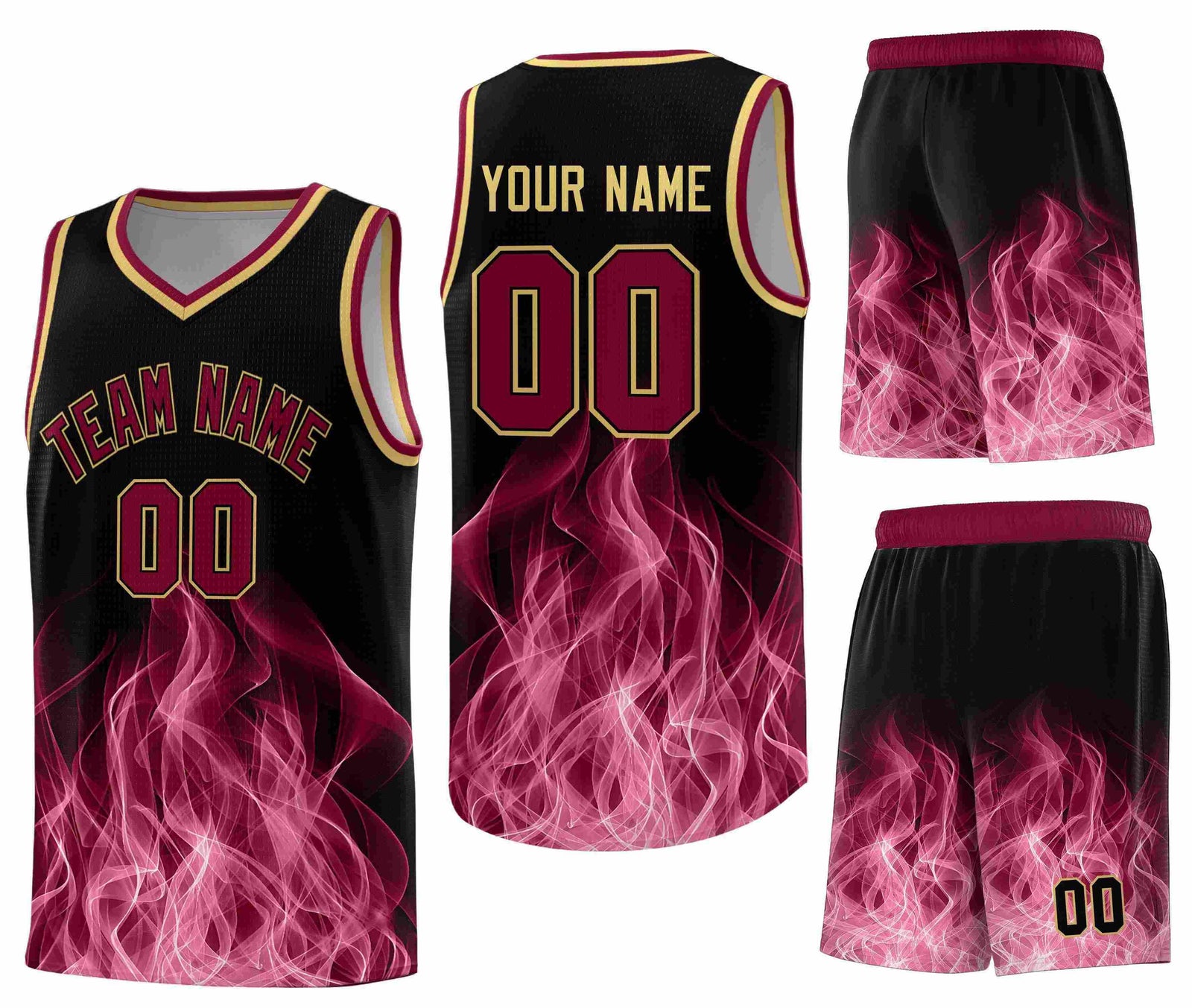 Custom Black Crimson Flame Graffiti Pattern Drapable Personalized Uniform Basketball Jersey