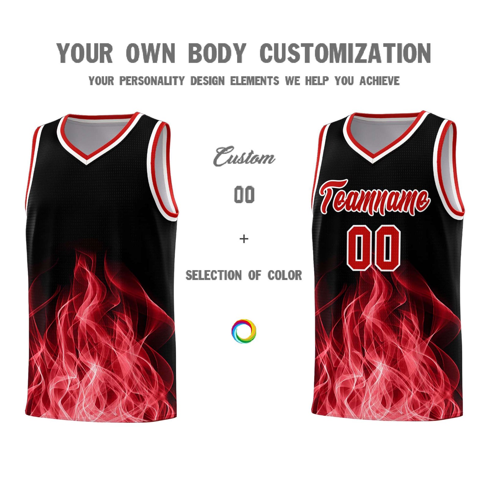 Custom Youth Basketball Jersey Black Red Flame Fire Design Personalized Team Uniform Set