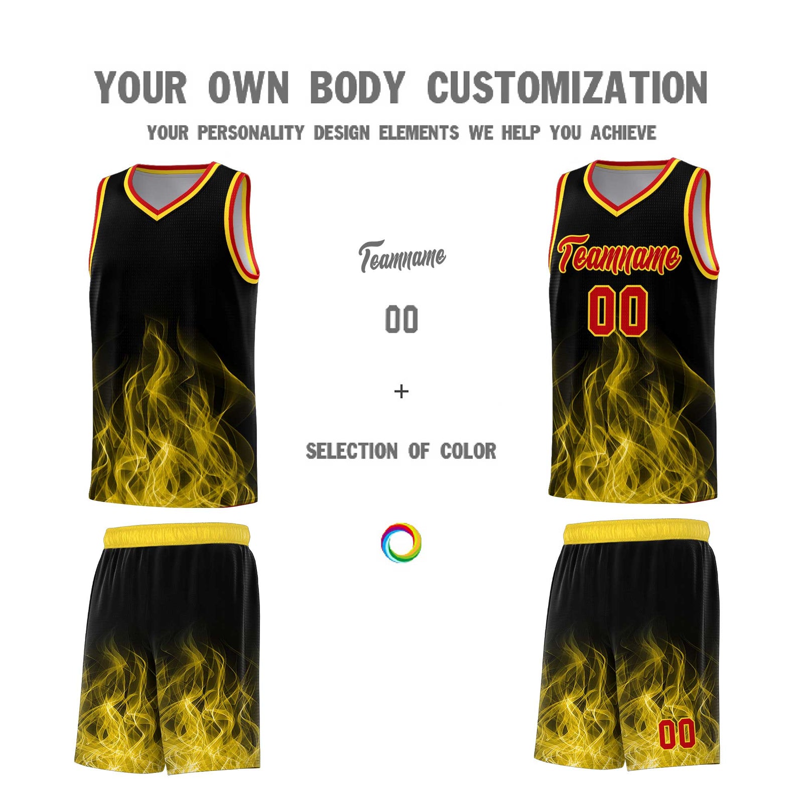 Custom Youth Basketball Jersey Black Gold Flame Design Unique Team Uniform Set