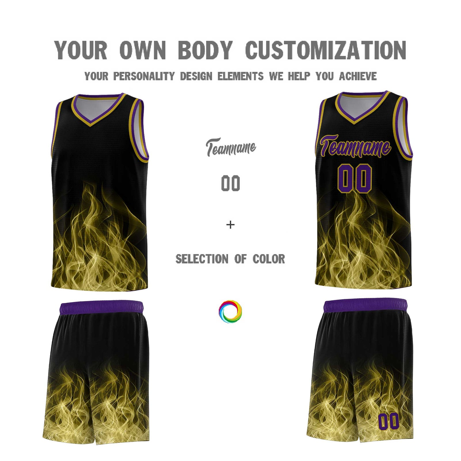 Custom Youth Basketball Jersey Black Purple Flame Design Unique Team Uniform Set