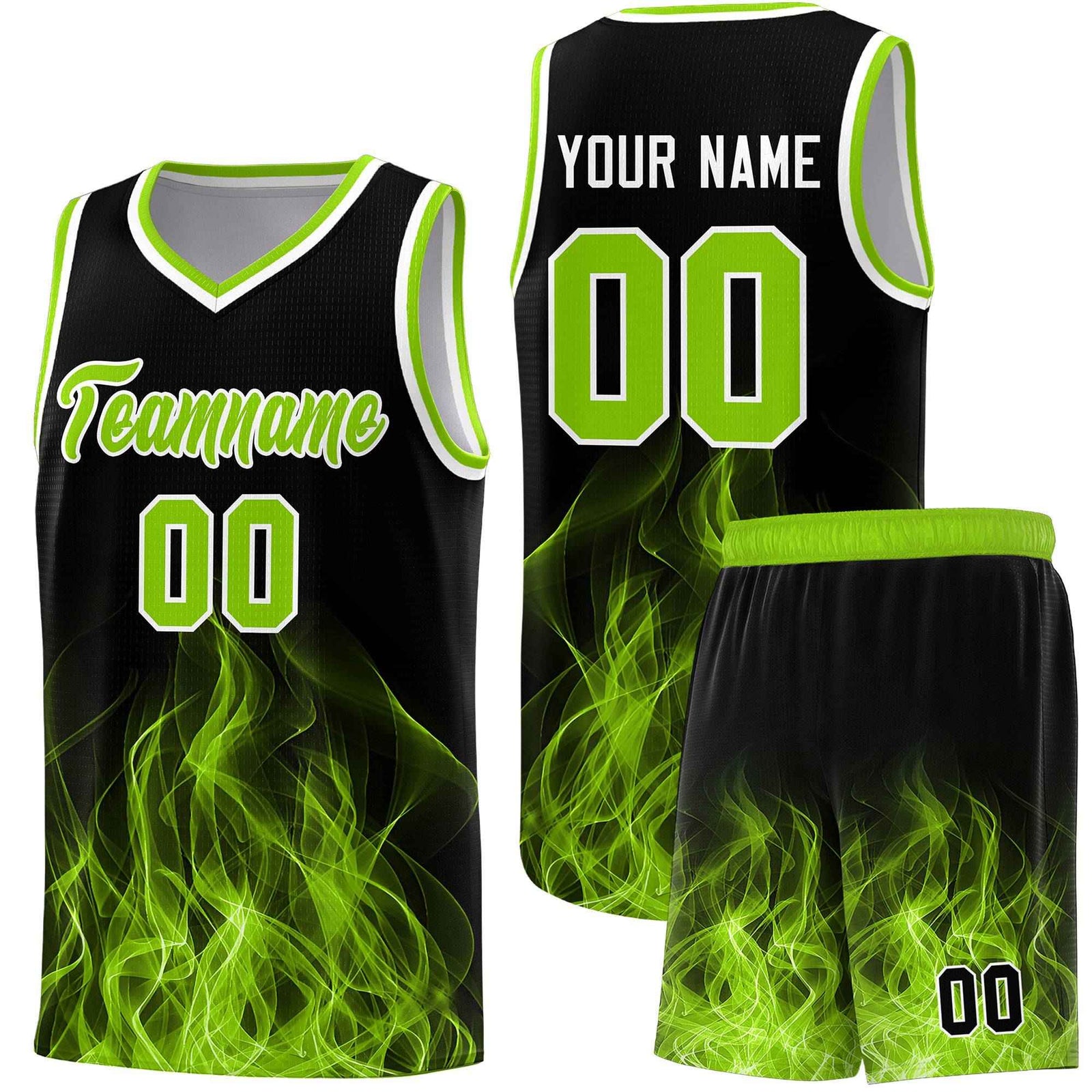 Custom Youth Basketball Jersey Black Neon Green Flame Design Personalized Team Uniform Set