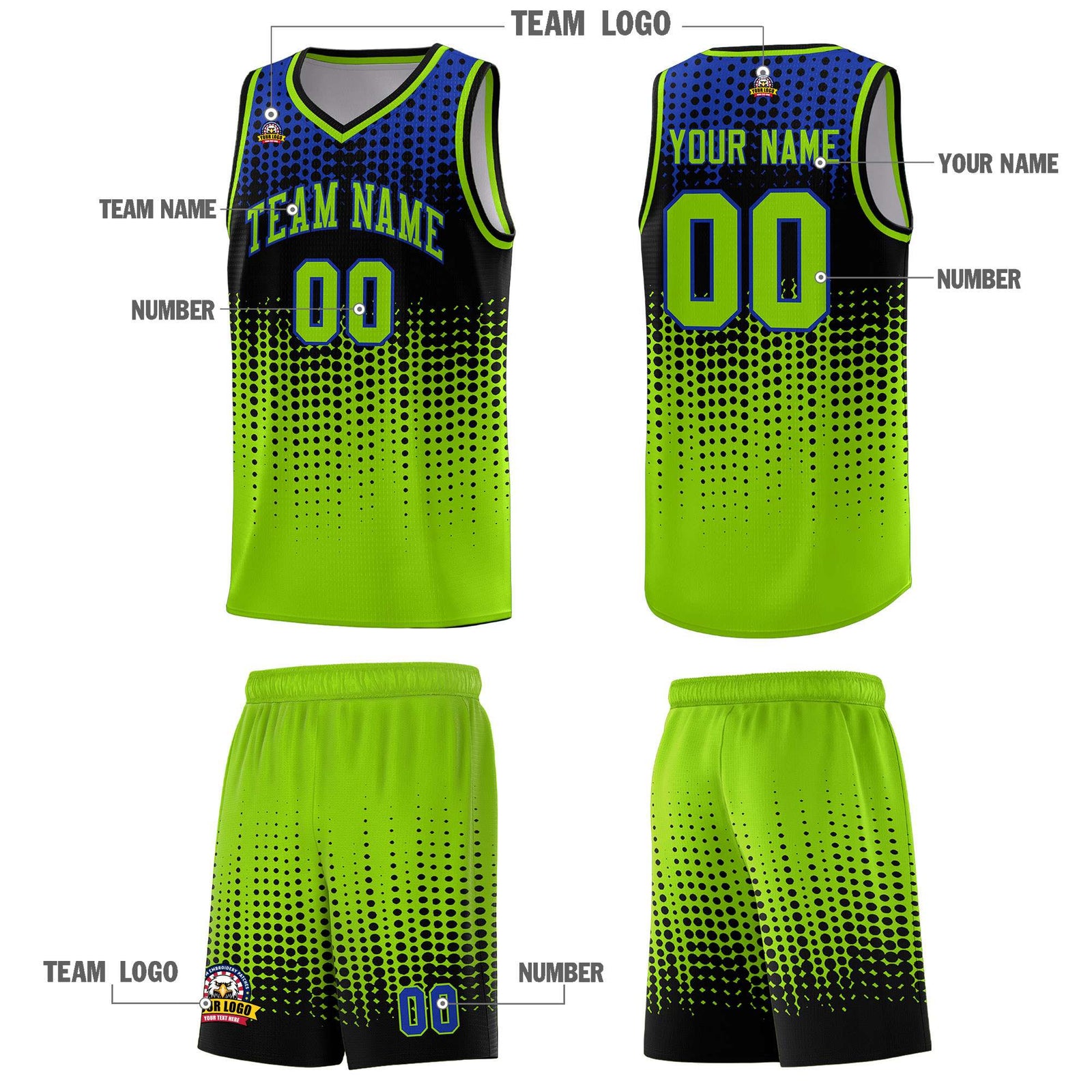 Custom Neon Green Gradient Dots Design Pattern Sports Uniform Basketball Jersey