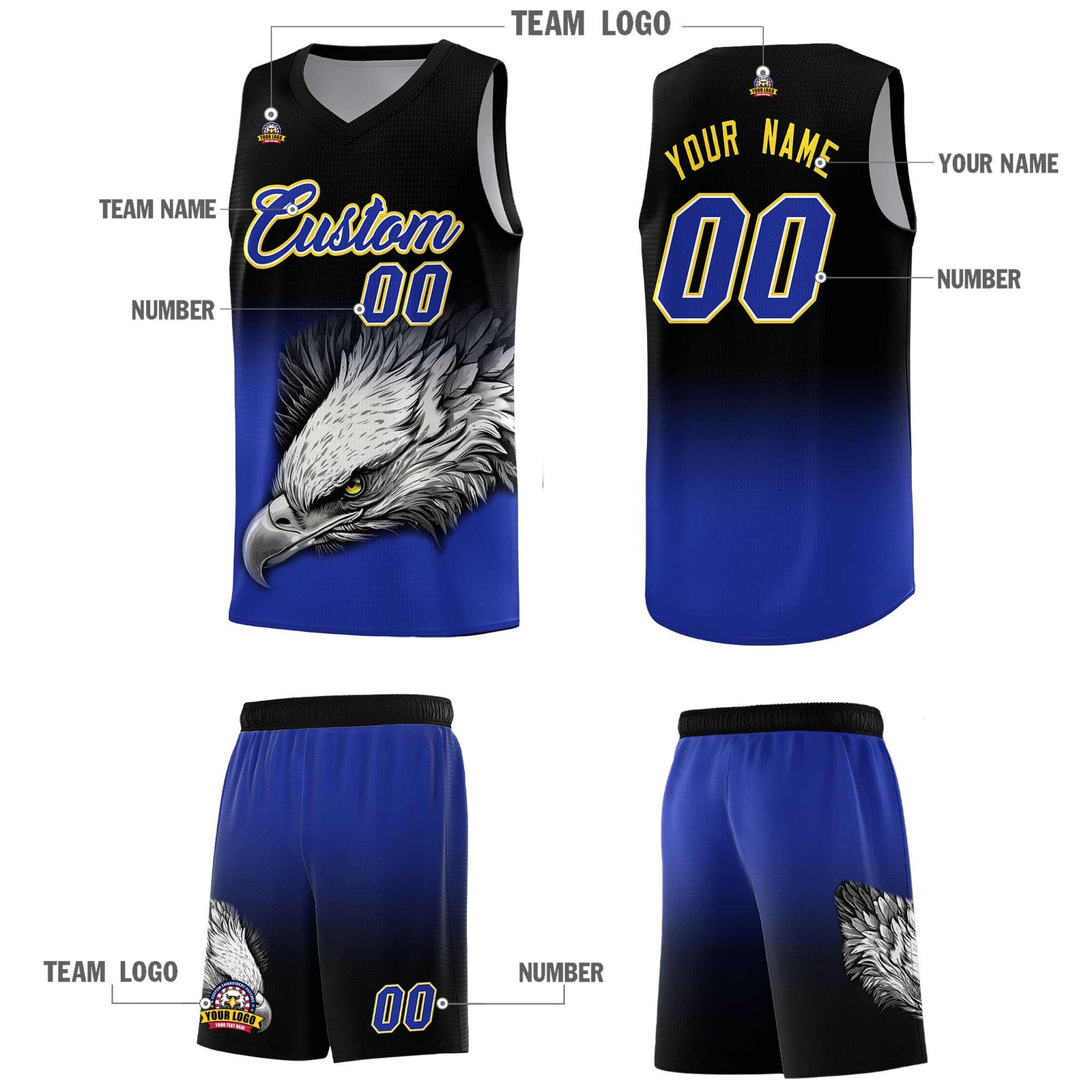 Custom Black Yellow Basketball Kits with Eagle Pattern