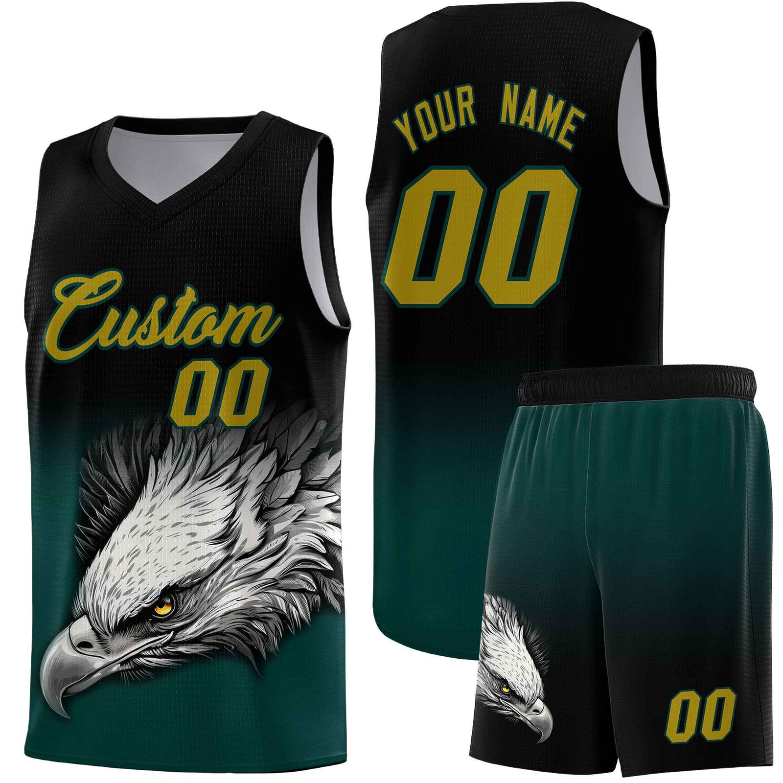 Custom Black Midnight Green Basketball Kits with Eagle Pattern