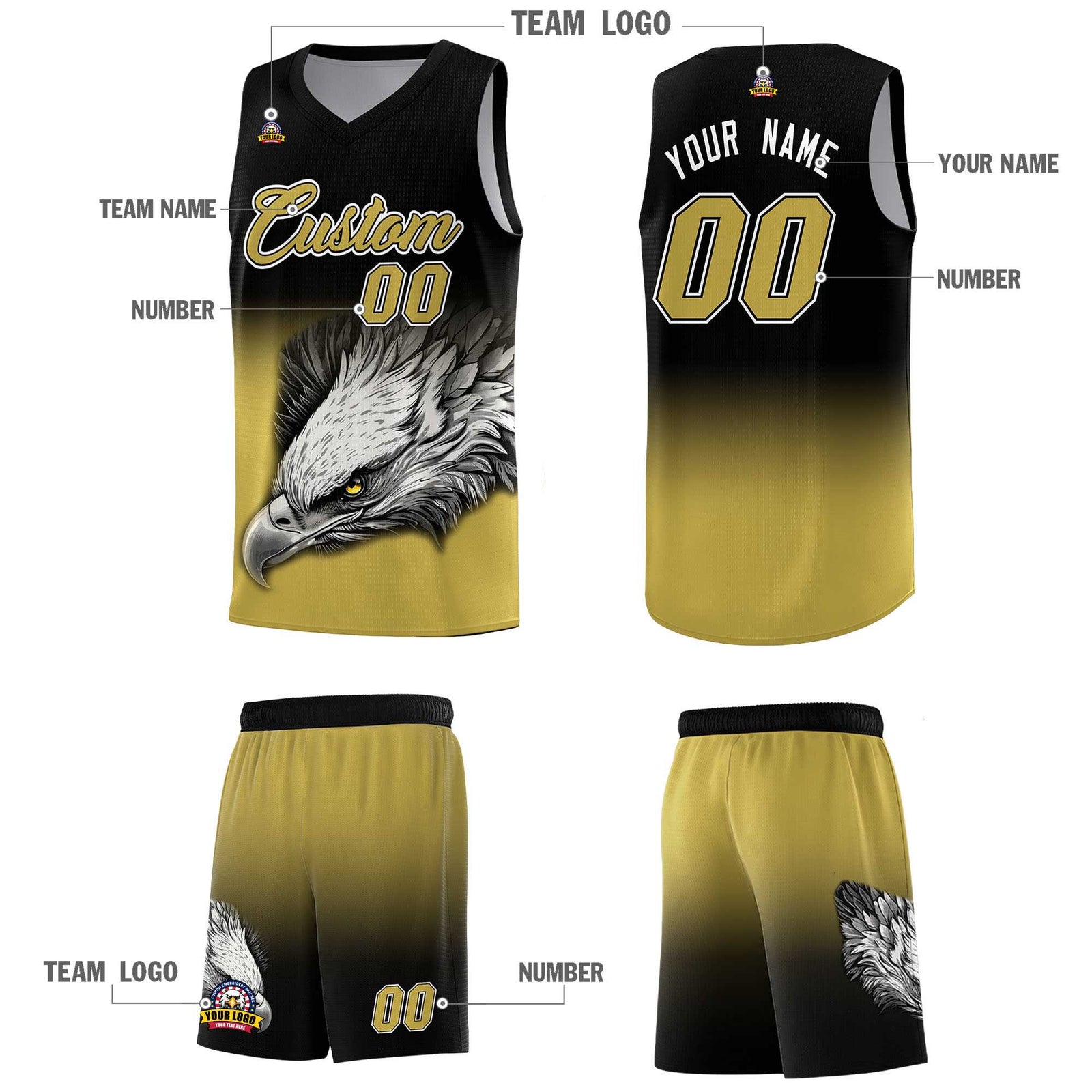 Custom Black Old Gold Basketball Kits with Eagle Pattern
