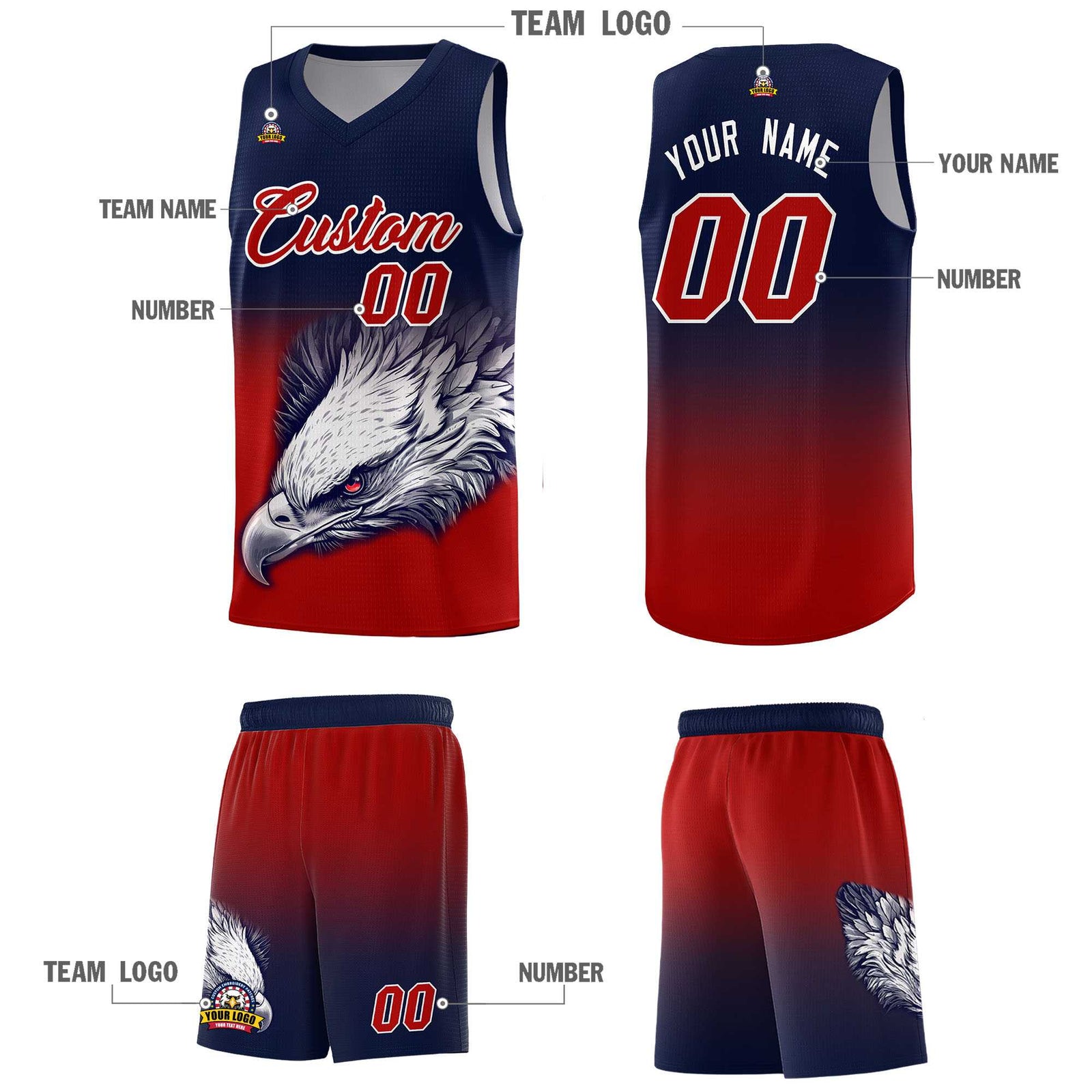 Custom Navy Red Basketball Kits with Eagle Pattern